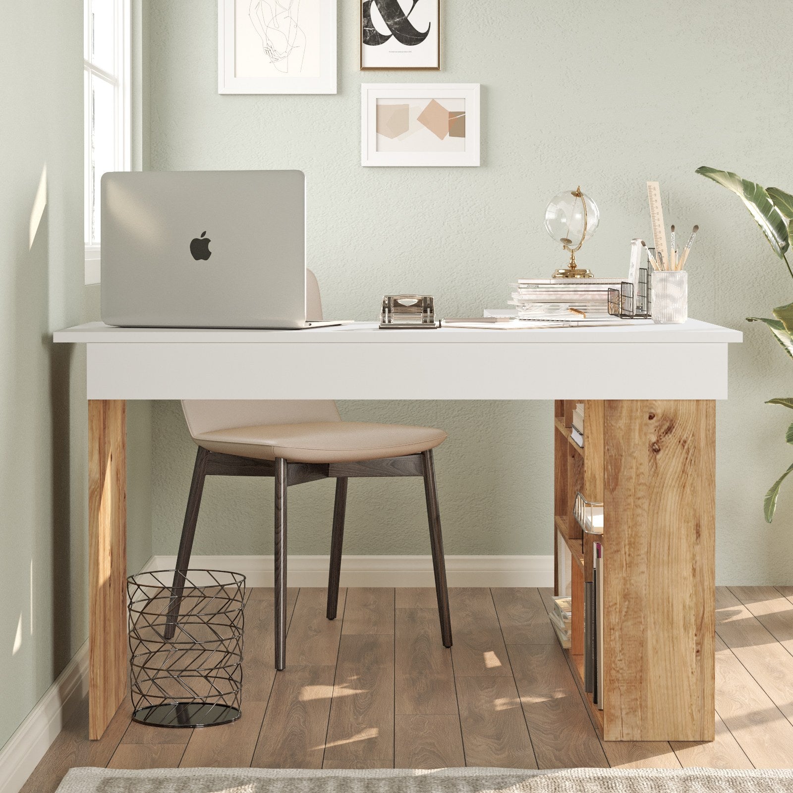 Secretária de Estudo/Escritório Moderna, Pinho Atlântico e Branco, 129 x 72 x 120 cm | Painel de Partículas 100% Revestido em Melamina, 18 mm de Espessura | Elegante e Funcional para Escritório em Casa