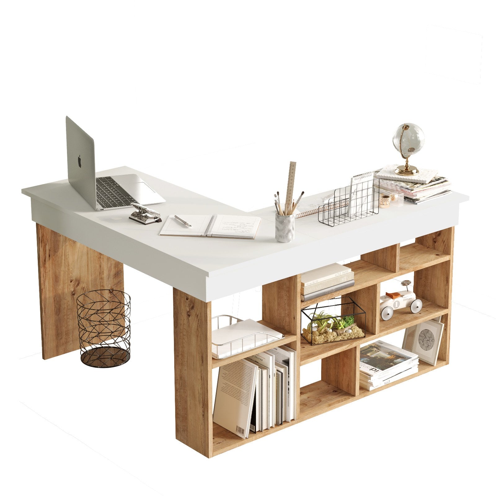 Secretária de Estudo/Escritório Moderna, Pinho Atlântico e Branco, 129 x 72 x 120 cm | Painel de Partículas 100% Revestido em Melamina, 18 mm de Espessura | Elegante e Funcional para Escritório em Casa