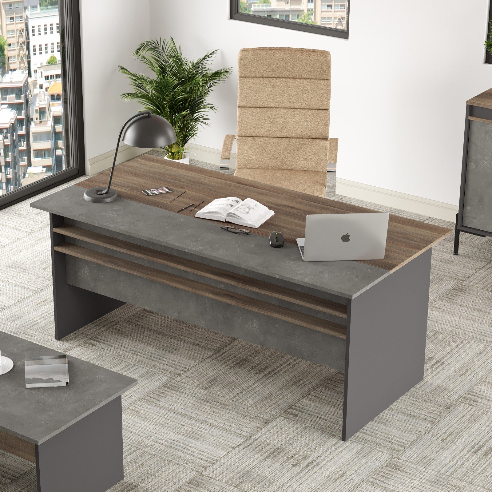 Secretária de Estudo Moderna – 180 cm – Castanho, Cinza e Antracite – Painel de Partículas Revestido a Melamina