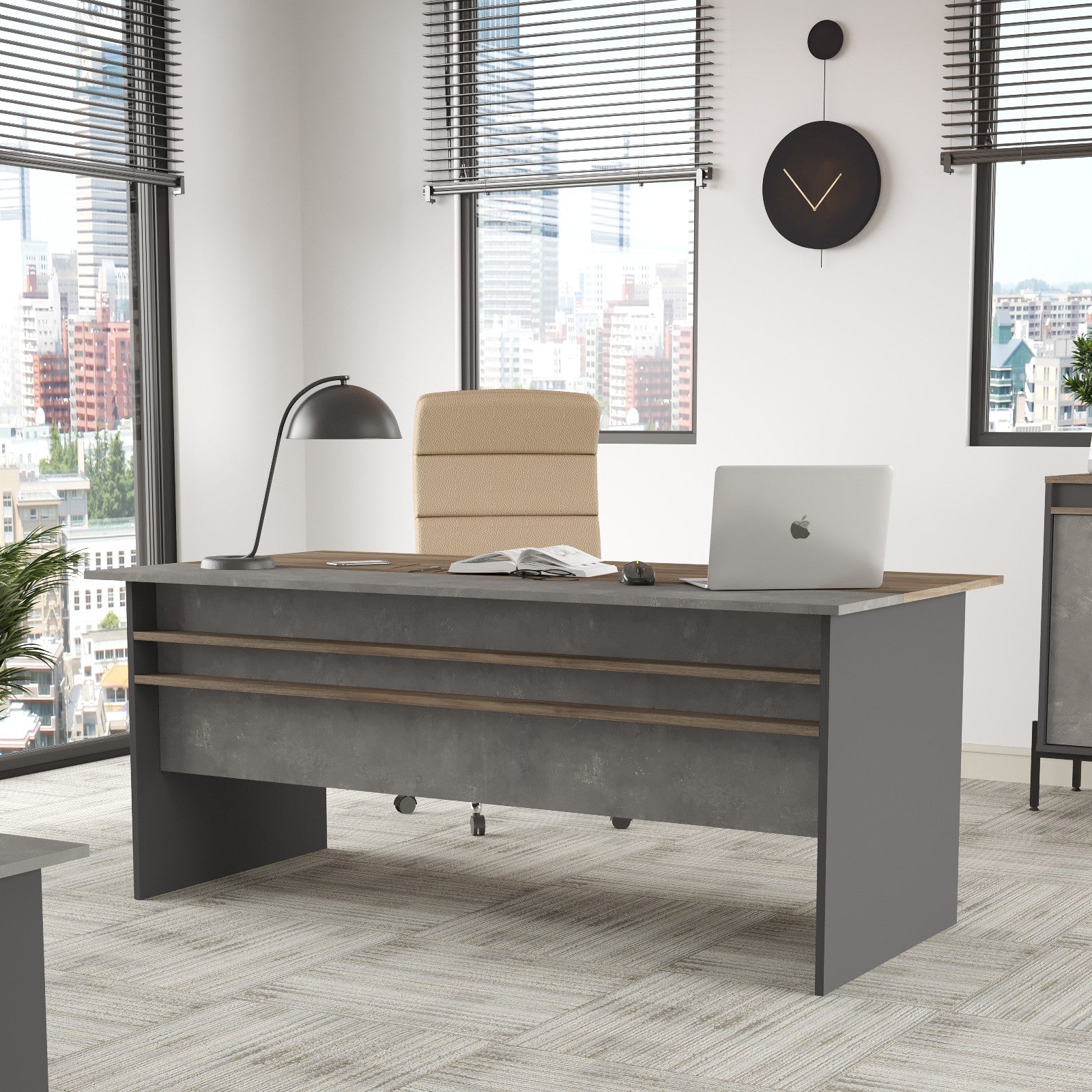 Secretária de Estudo Moderna – 180 cm – Castanho, Cinza e Antracite – Painel de Partículas Revestido a Melamina