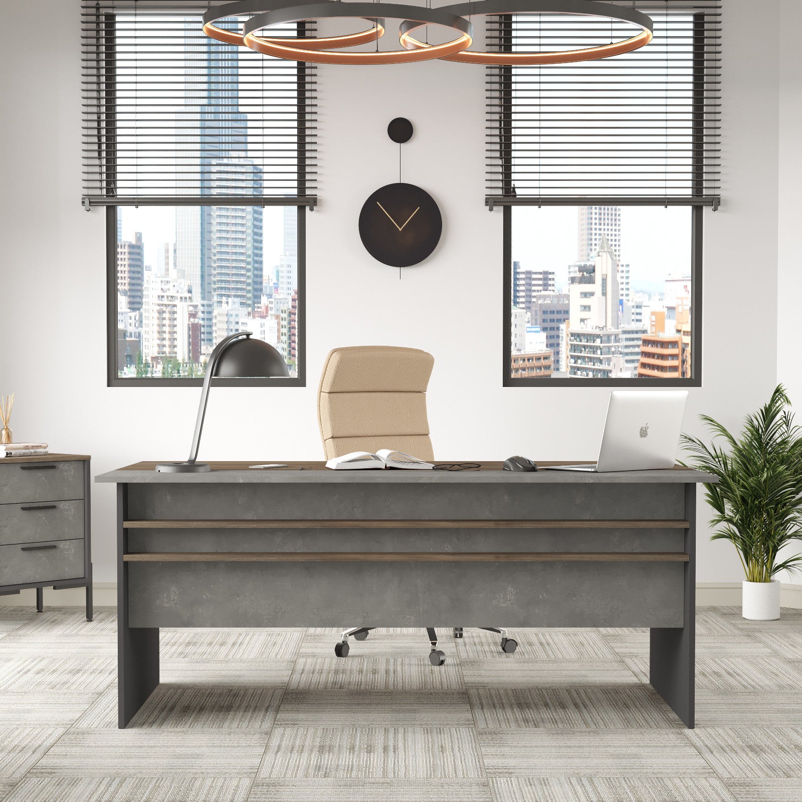 Secretária de Estudo Moderna – 180 cm – Castanho, Cinza e Antracite – Painel de Partículas Revestido a Melamina