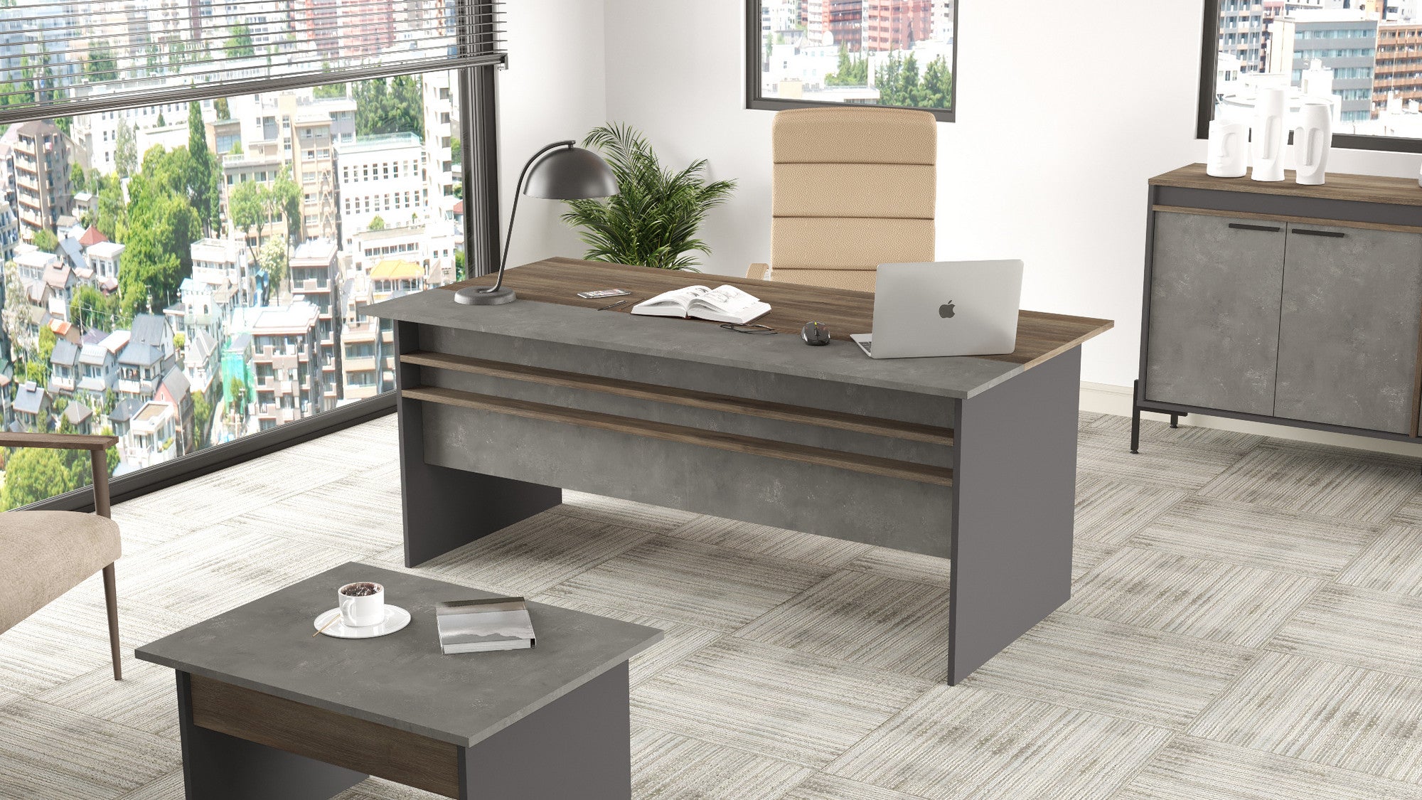 Secretária de Estudo Moderna – 180 cm – Castanho, Cinza e Antracite – Painel de Partículas Revestido a Melamina