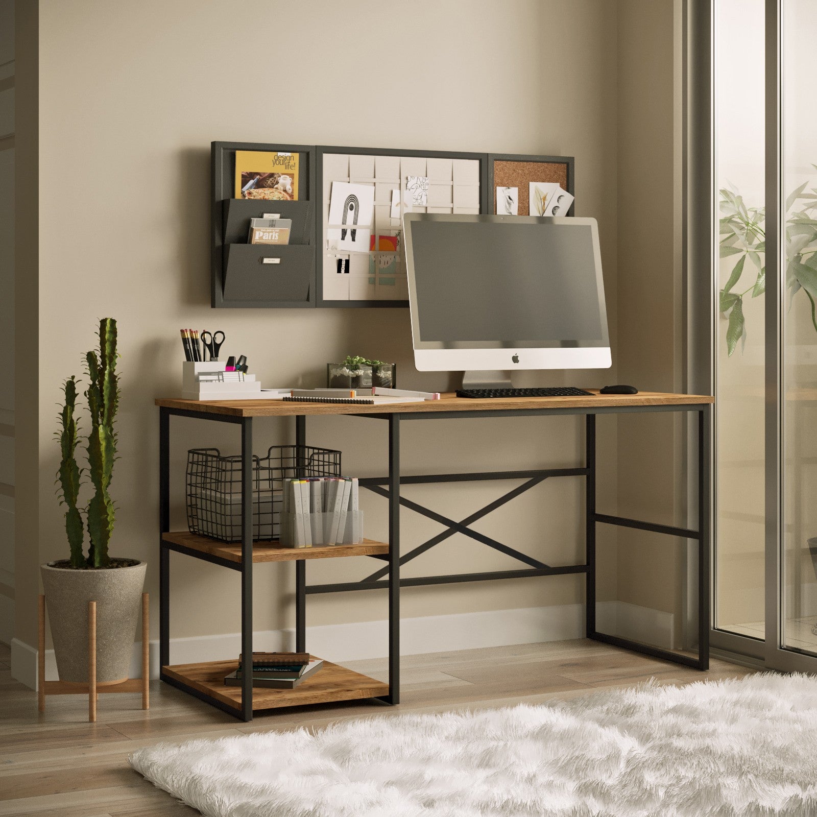 Secretária de Estudo Atlantic Pine 140cm com Prateleiras e Arrumação Extra - Estrutura Metálica Resistente