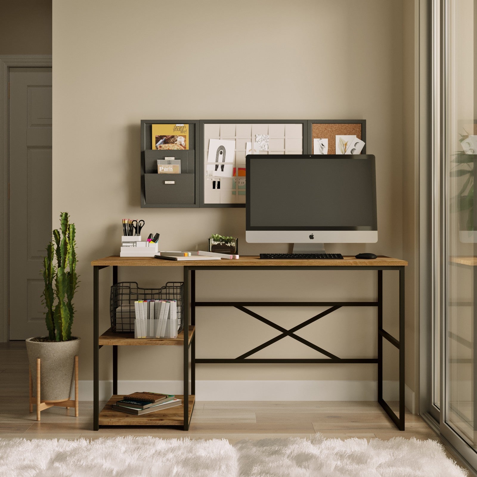 Secretária de Estudo Atlantic Pine 140cm com Prateleiras e Arrumação Extra - Estrutura Metálica Resistente