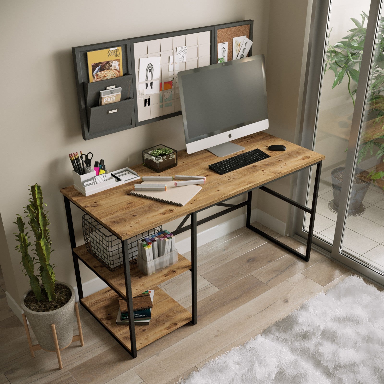 Secretária de Estudo Atlantic Pine 140cm com Prateleiras e Arrumação Extra - Estrutura Metálica Resistente