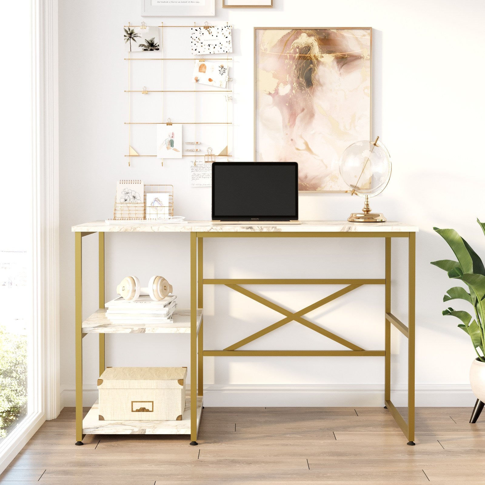 Secretária de Estudo – 120 x 75 x 60 cm – Mármore branco e dourado – Painéis de partículas revestidos a melamina