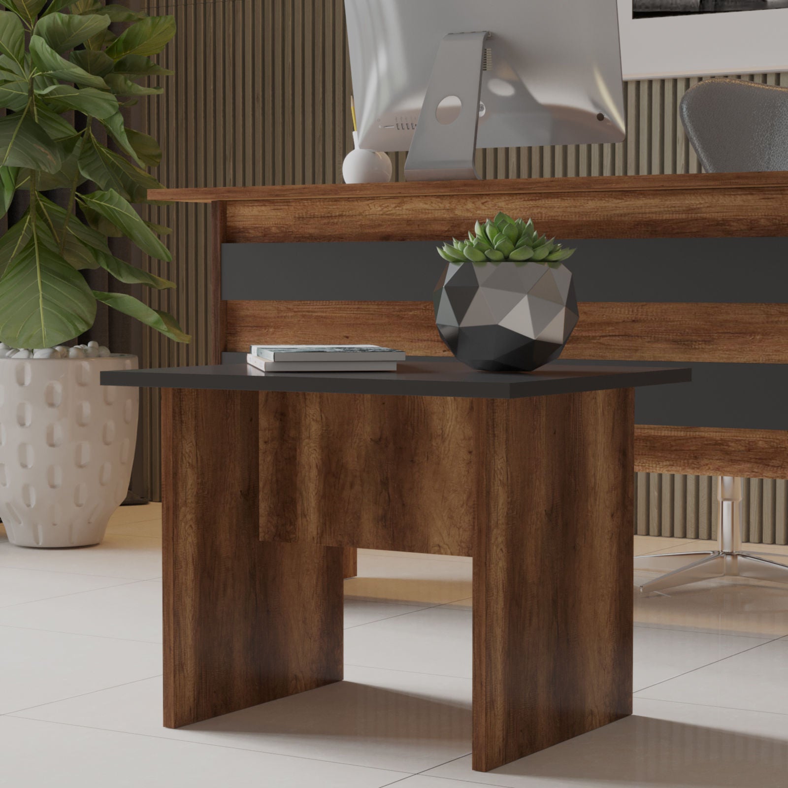 Mesa de Centro Moderna, Nogueira e Antracite, 60 x 46,3 x 50 cm | Painel de Partículas 100% Revestido com Melamina, 18 mm de Espessura | Design Elegante e Funcional para Qualquer Espaço