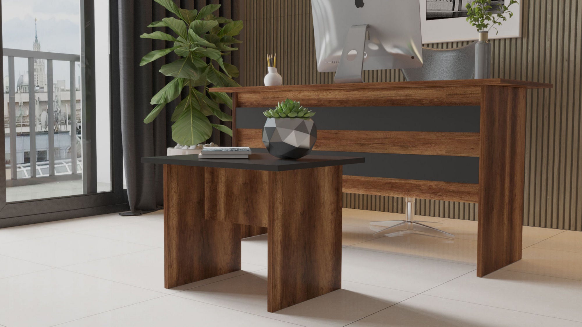 Mesa de Centro Moderna, Nogueira e Antracite, 60 x 46,3 x 50 cm | Painel de Partículas 100% Revestido com Melamina, 18 mm de Espessura | Design Elegante e Funcional para Qualquer Espaço
