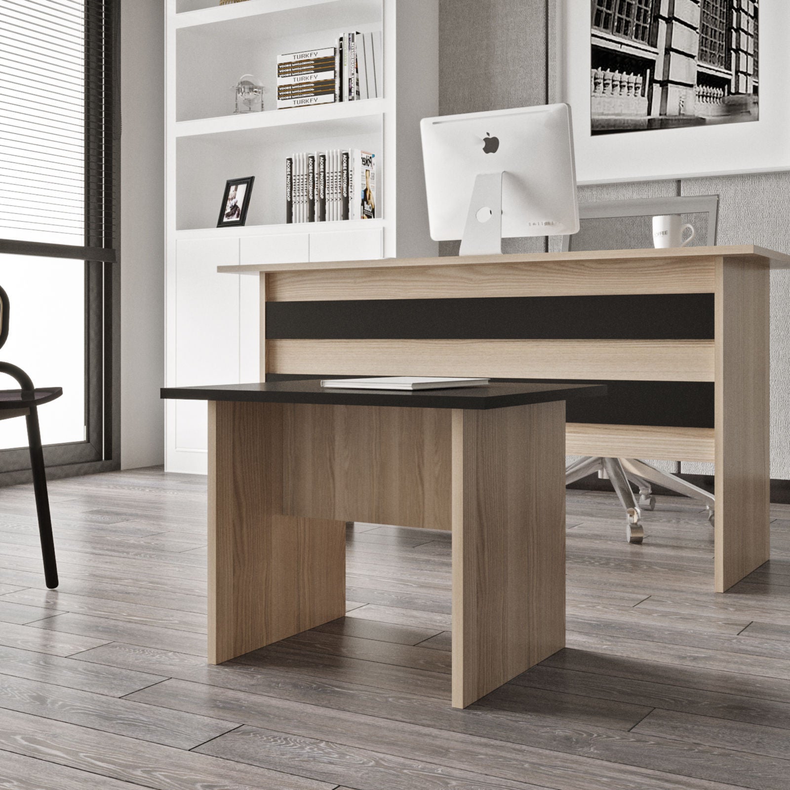 Mesa de Centro Moderna, Carvalho e Preto, 60 x 50 x 46,3 cm | Painel de Partículas 100% Revestido em Melamina, 18 mm de Espessura | Elegante e Funcional para Espaços de Convivência