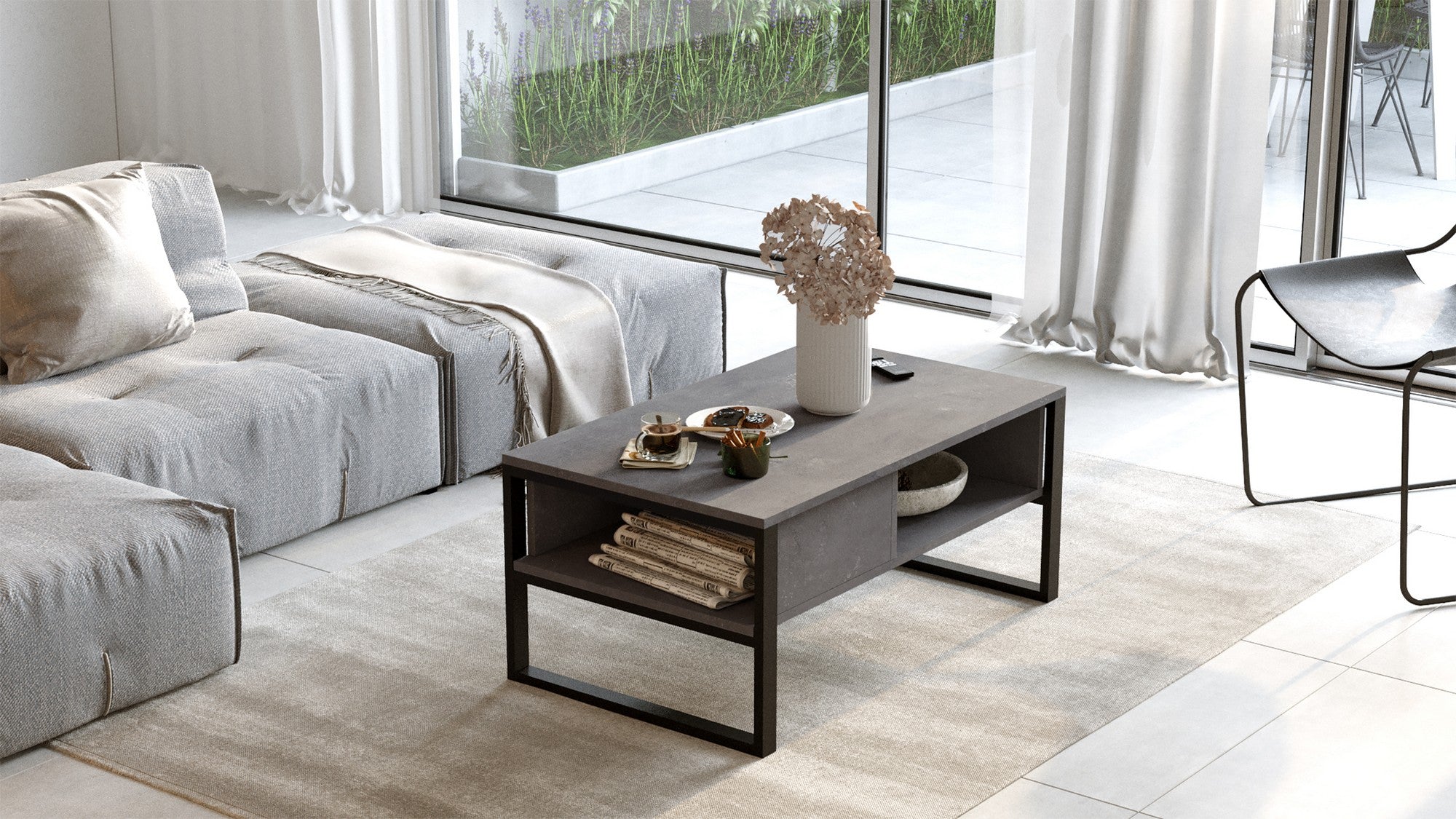 Mesa de Centro Moderna – 100 cm de Largura – Prateada – Melamina