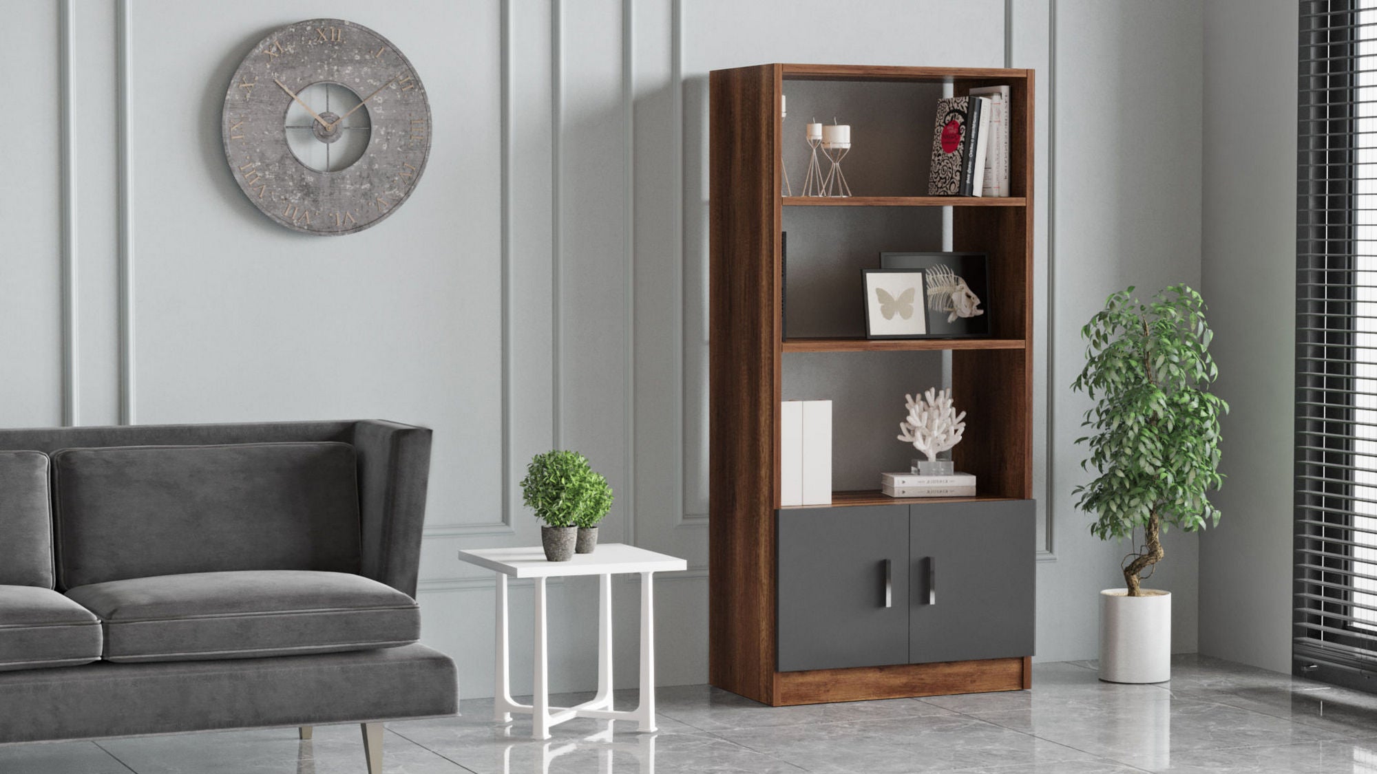 Estante moderna – 63,6 x 140 x 37,6 cm – Nogueira e Antracite – Painéis de partículas revestidos de melamina