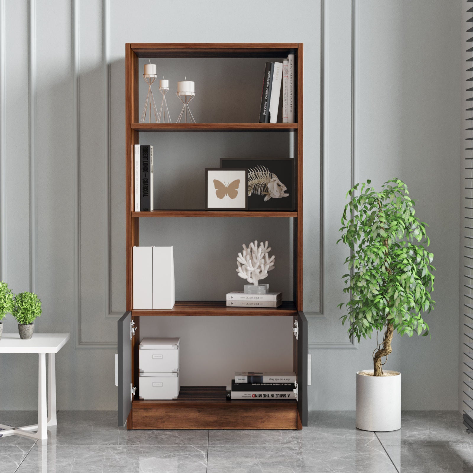 Estante moderna – 63,6 x 140 x 37,6 cm – Nogueira e Antracite – Painéis de partículas revestidos de melamina