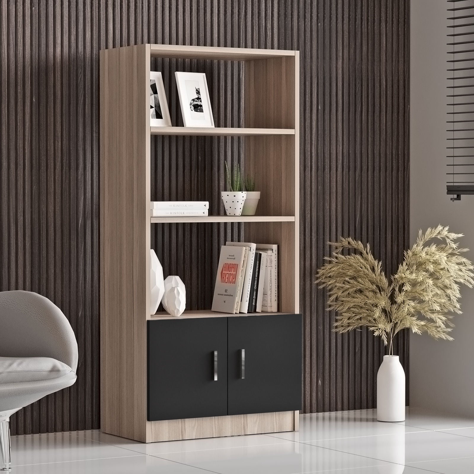 Estante moderna em carvalho e preto, 63,6 cm L x 140 cm A x 37,6 cm P | Painel de partículas 100% revestido em melamina, 18 mm de espessura | Armazenamento elegante para casa e escritório