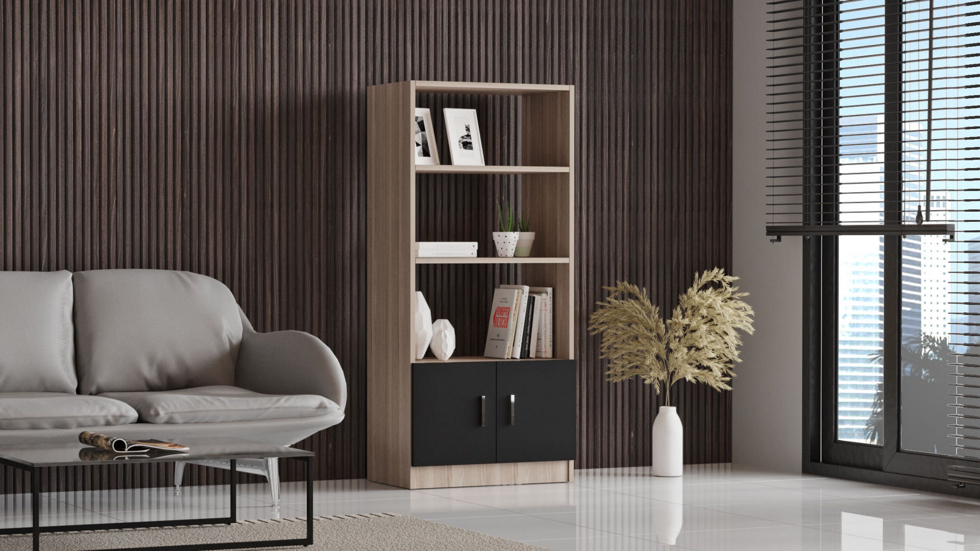Estante moderna em carvalho e preto, 63,6 cm L x 140 cm A x 37,6 cm P | Painel de partículas 100% revestido em melamina, 18 mm de espessura | Armazenamento elegante para casa e escritório