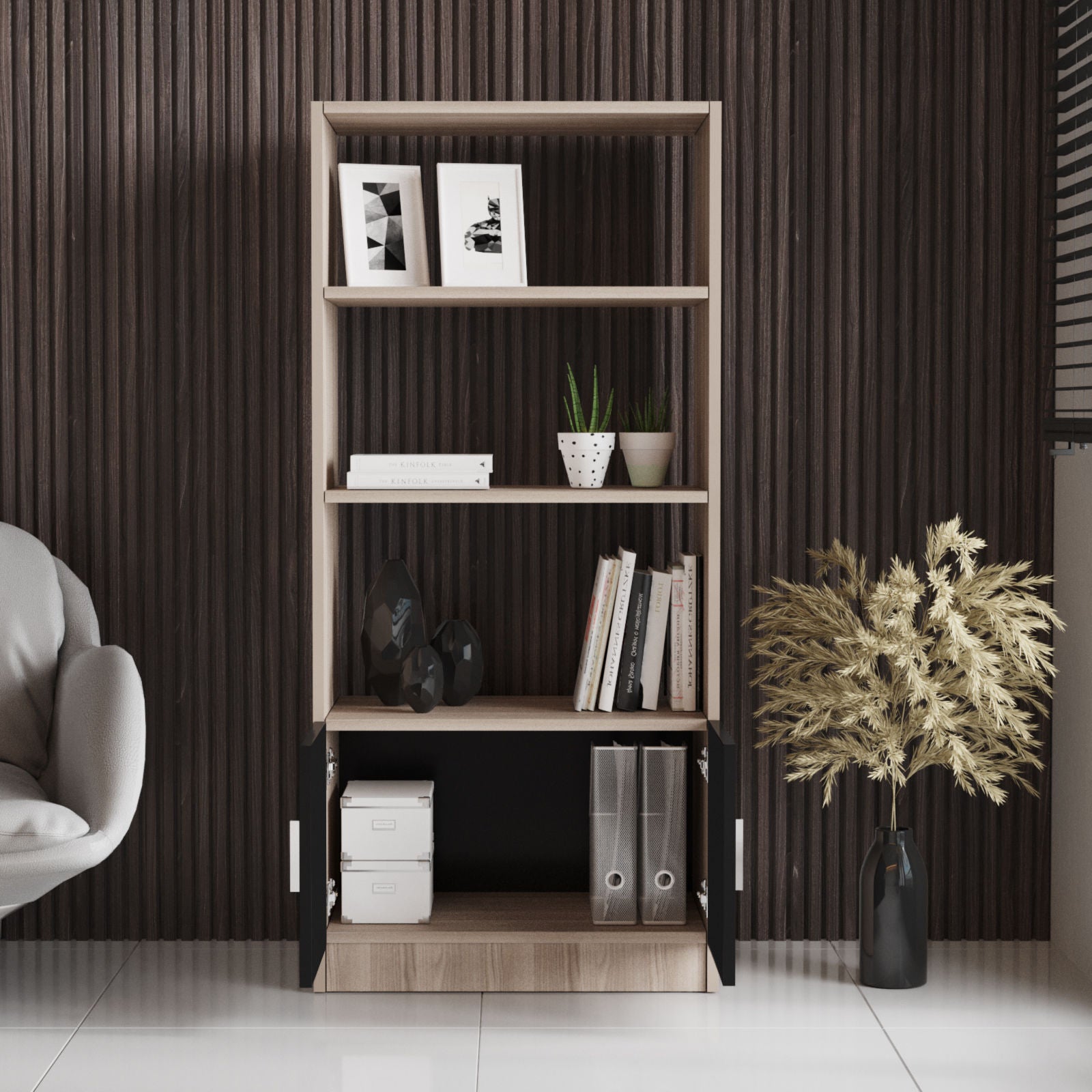 Estante moderna em carvalho e preto, 63,6 cm L x 140 cm A x 37,6 cm P | Painel de partículas 100% revestido em melamina, 18 mm de espessura | Armazenamento elegante para casa e escritório