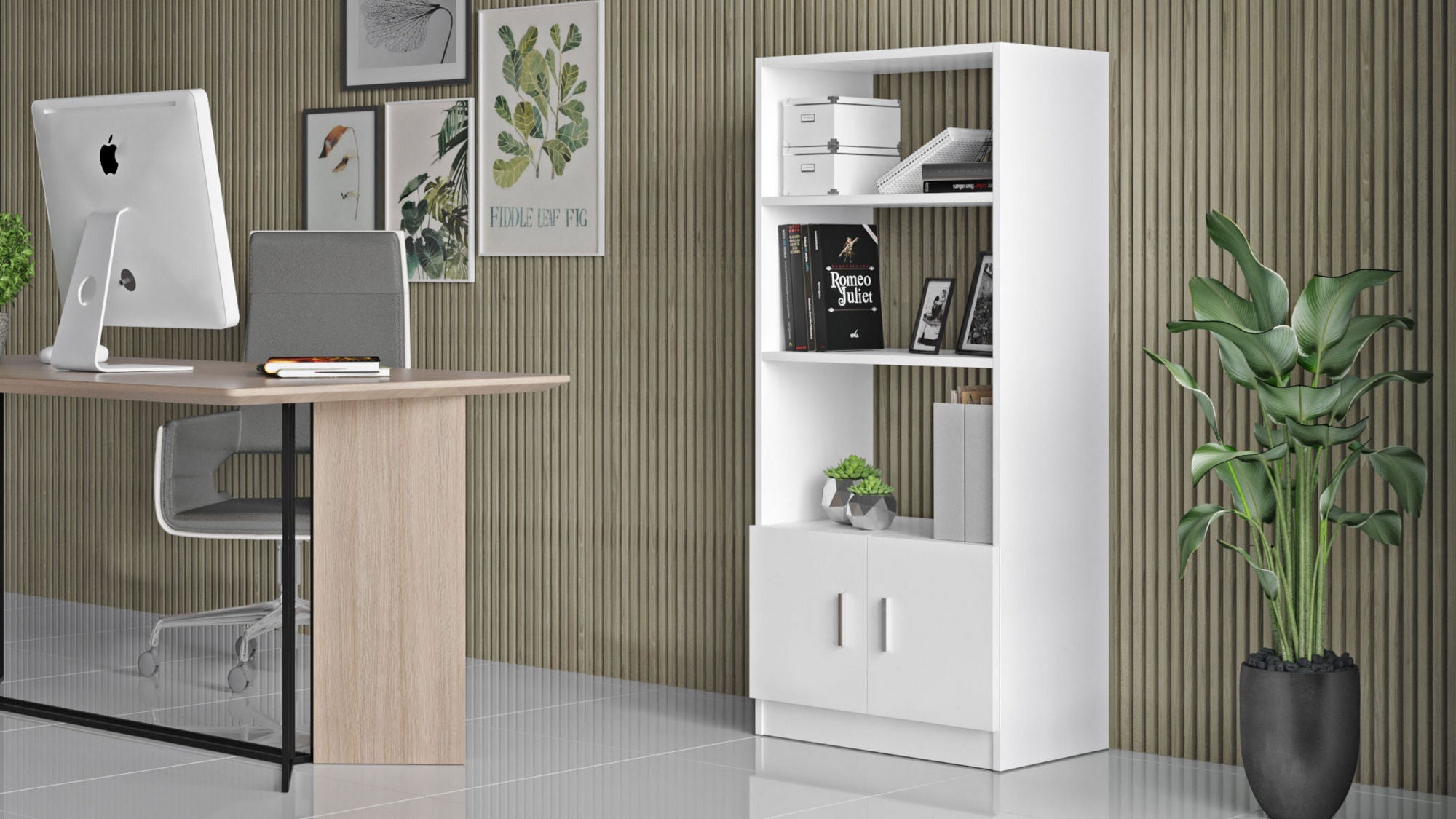 Estante moderna – 140 cm de altura, 64 cm de largura, 35,5 cm de profundidade – Branco – Painéis de partículas revestidos a melamina