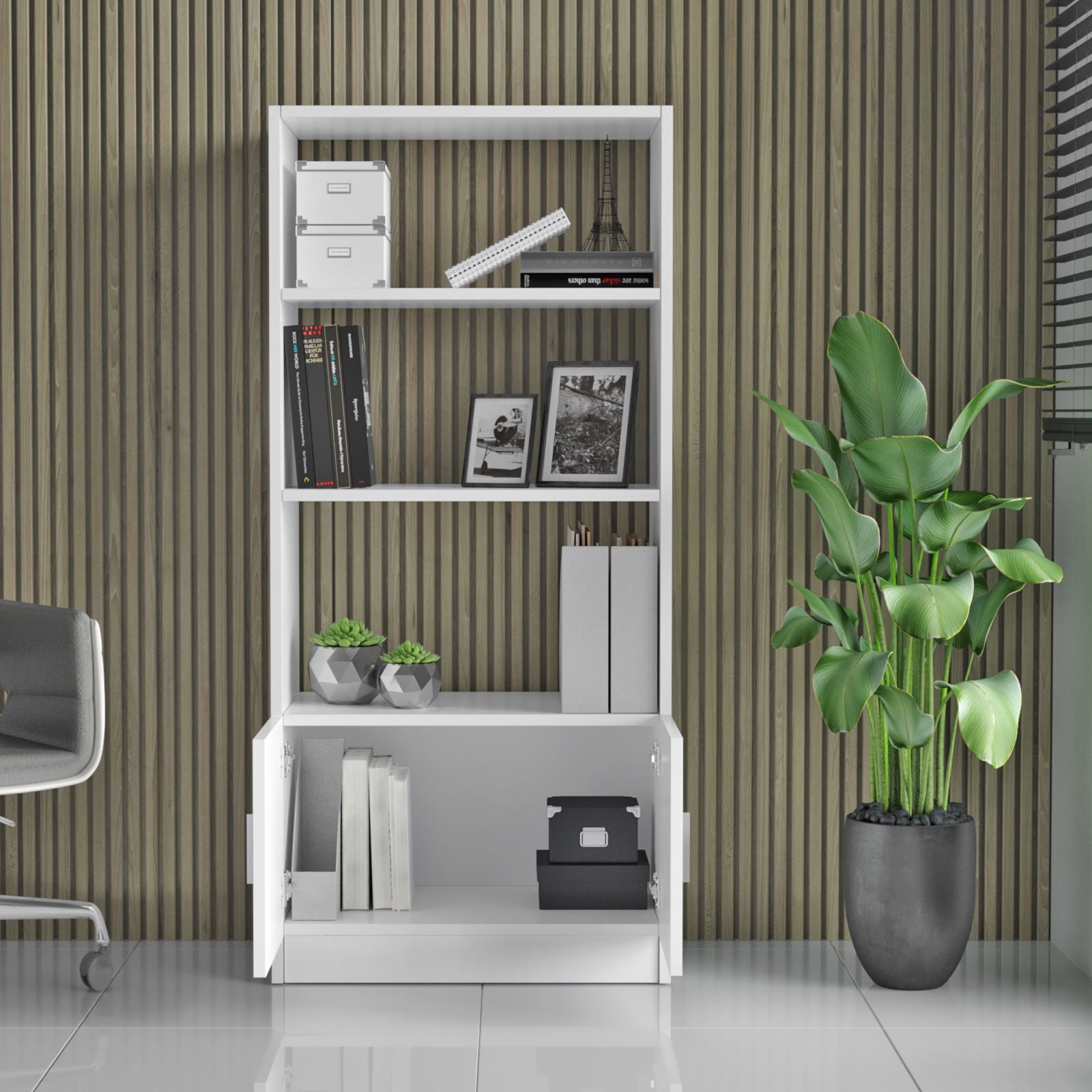 Estante moderna – 140 cm de altura, 64 cm de largura, 35,5 cm de profundidade – Branco – Painéis de partículas revestidos a melamina