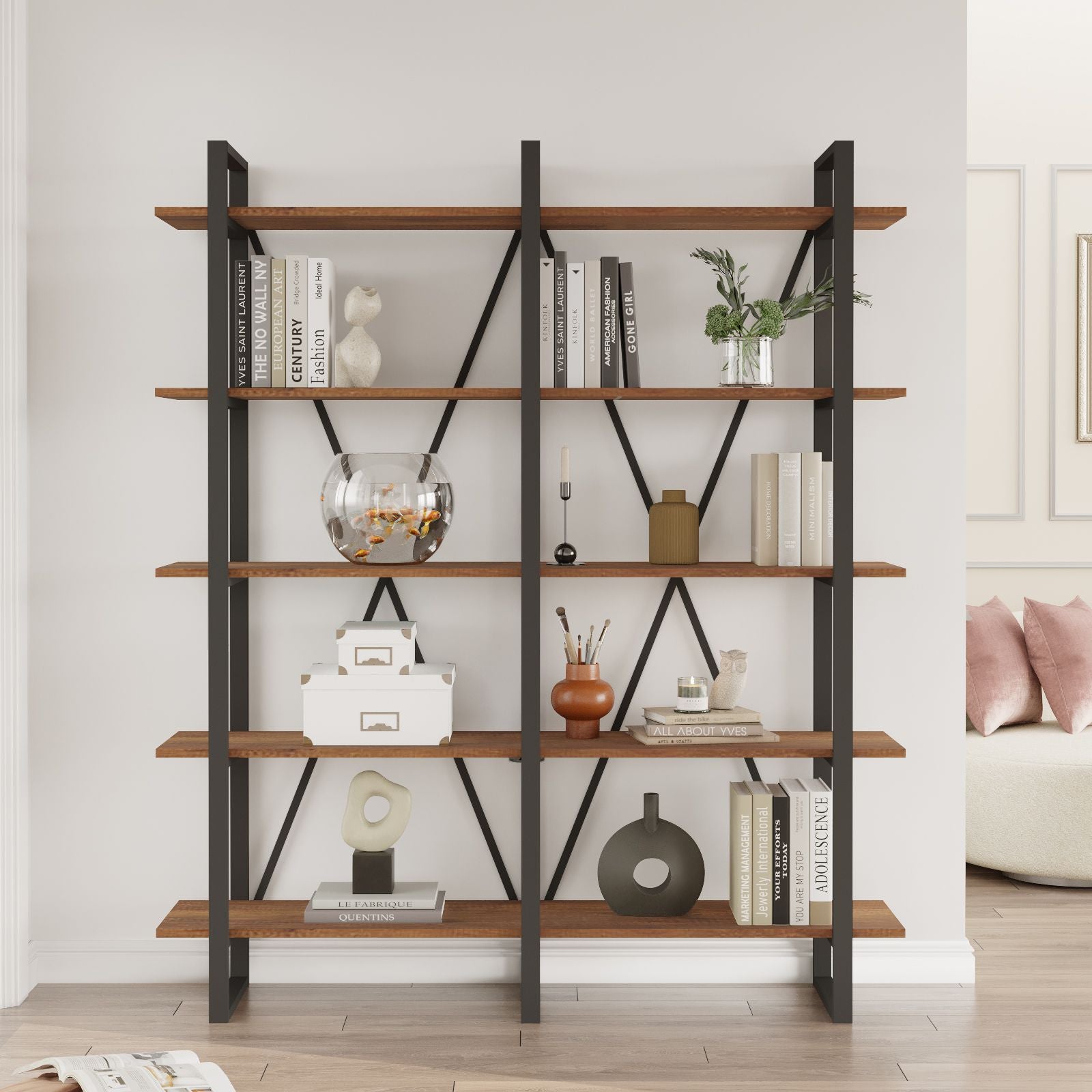 Estante Industrial Moderna – 154,8 x 180 x 34 cm – Cor Nogueira – Painel de Partículas Revestido em Melamina