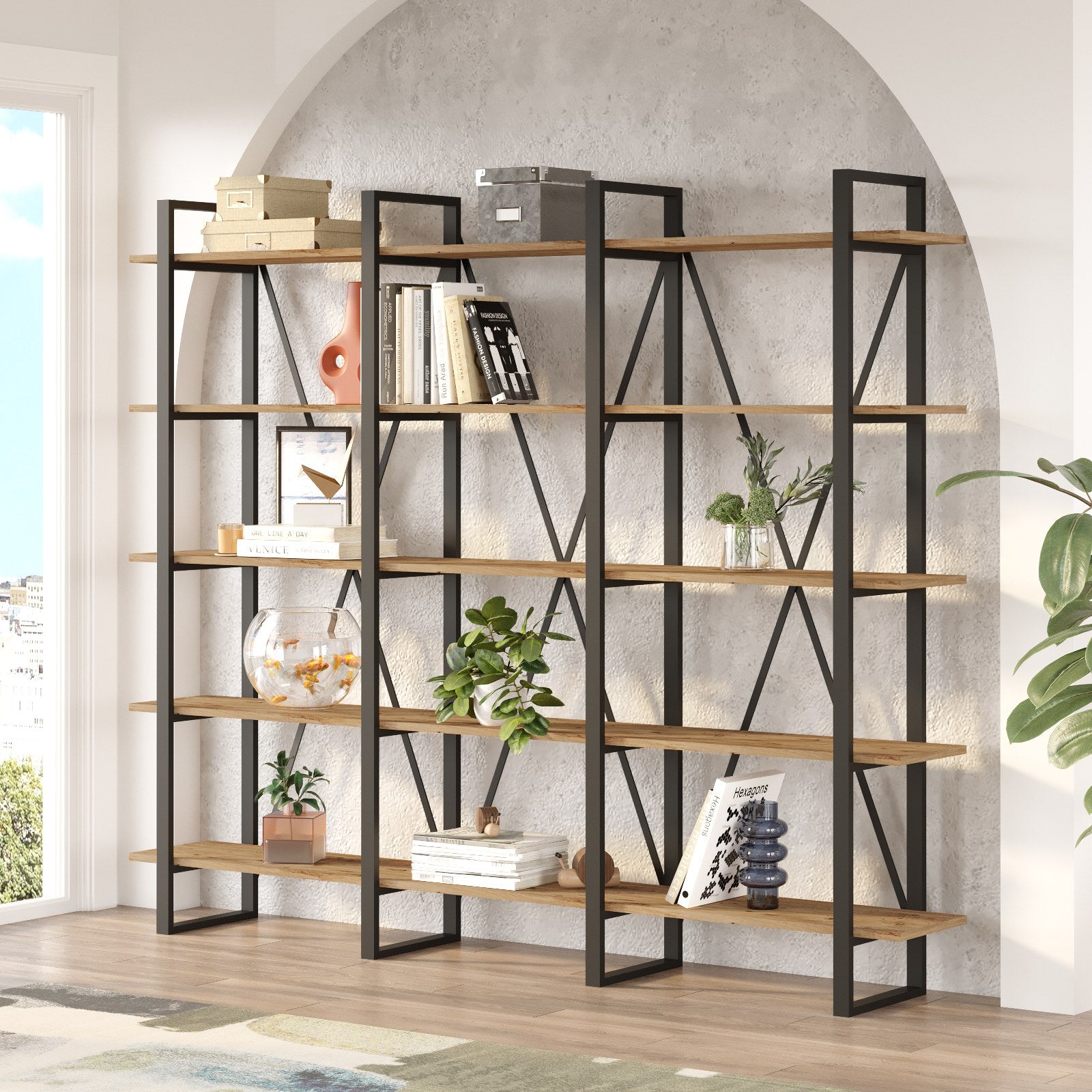 Estante Industrial Moderna – 219,6 x 180 x 34 cm – Pinho Atlântico – Painel de partículas e Metal