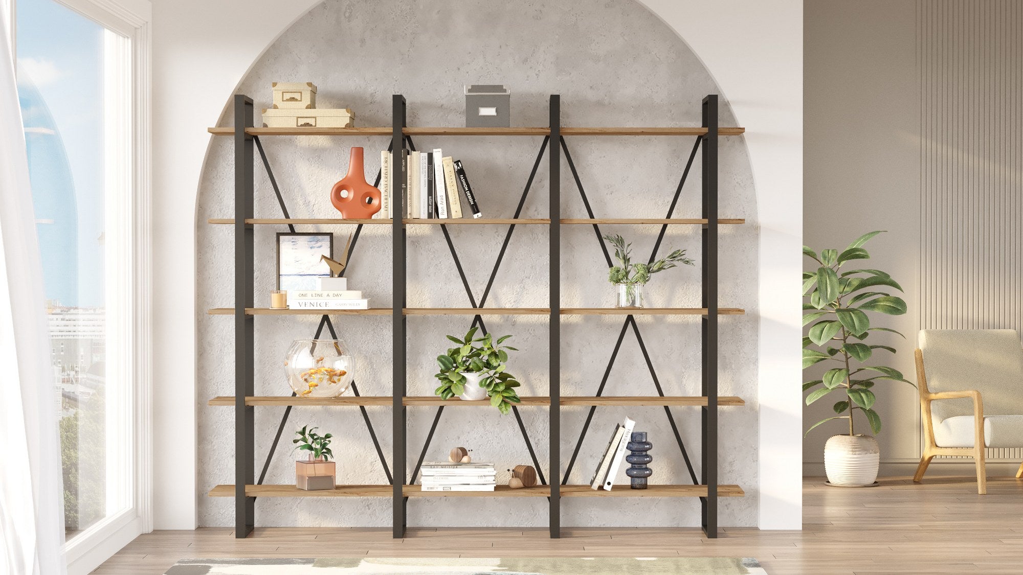Estante Industrial Moderna – 219,6 x 180 x 34 cm – Pinho Atlântico – Painel de partículas e Metal