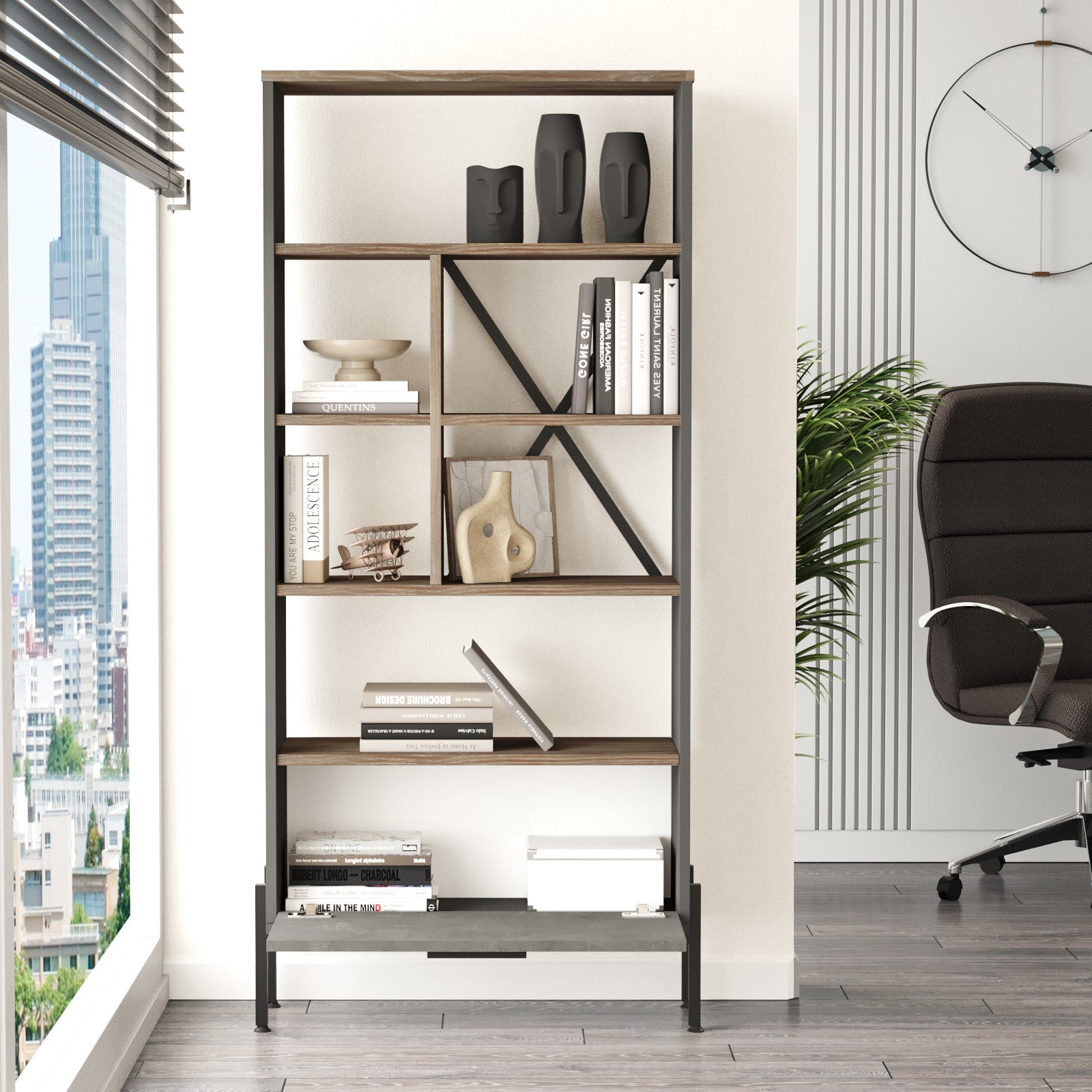 Estante de livros – 75,5 cm de largura, 160,8 cm de altura, 44,5 cm de profundidade – Castanho, cinzento e antracite – Painel de partículas revestido de melamina e estrutura de metal
