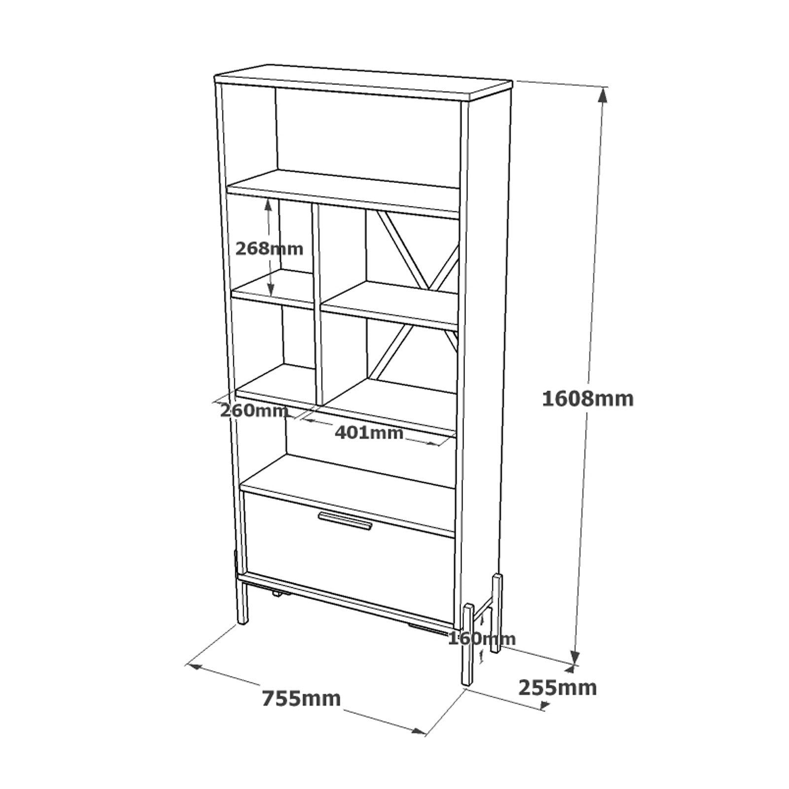 Estante de livros – 75,5 cm de largura, 160,8 cm de altura, 44,5 cm de profundidade – Castanho, cinzento e antracite – Painel de partículas revestido de melamina e estrutura de metal