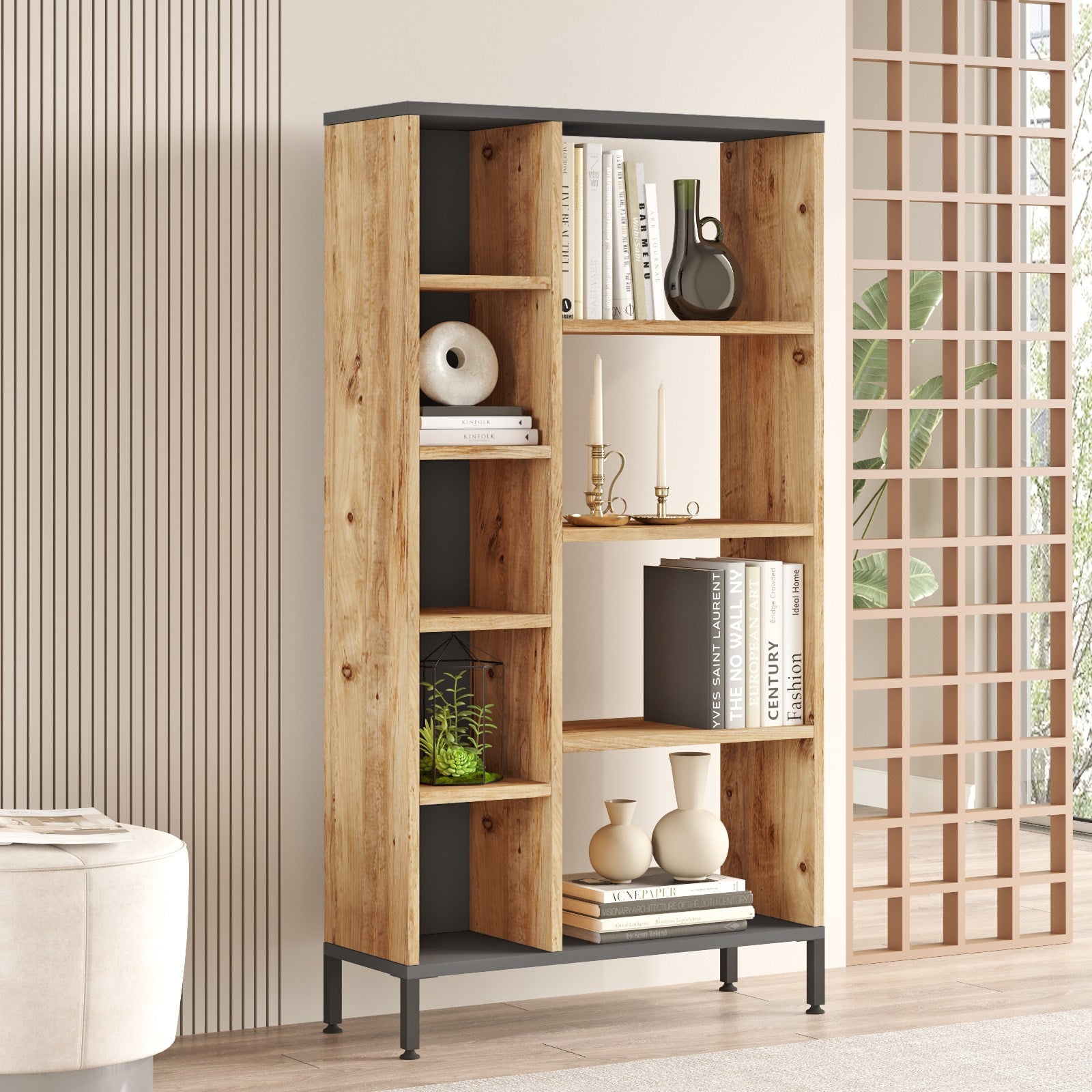 Estante elegante em pinho atlântico e antracite, 72 cm L x 133,6 cm A x 25,5 cm P | Painel de partículas 100% revestido em melamina, 18 mm de espessura | Solução de armazenamento moderna