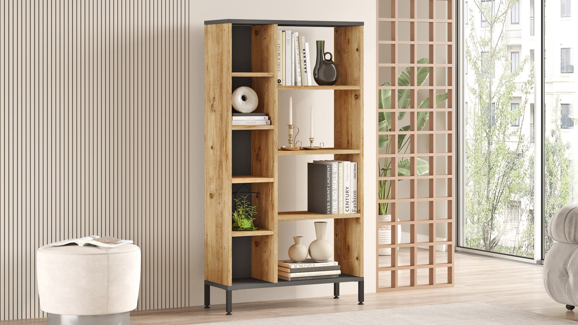 Estante elegante em pinho atlântico e antracite, 72 cm L x 133,6 cm A x 25,5 cm P | Painel de partículas 100% revestido em melamina, 18 mm de espessura | Solução de armazenamento moderna