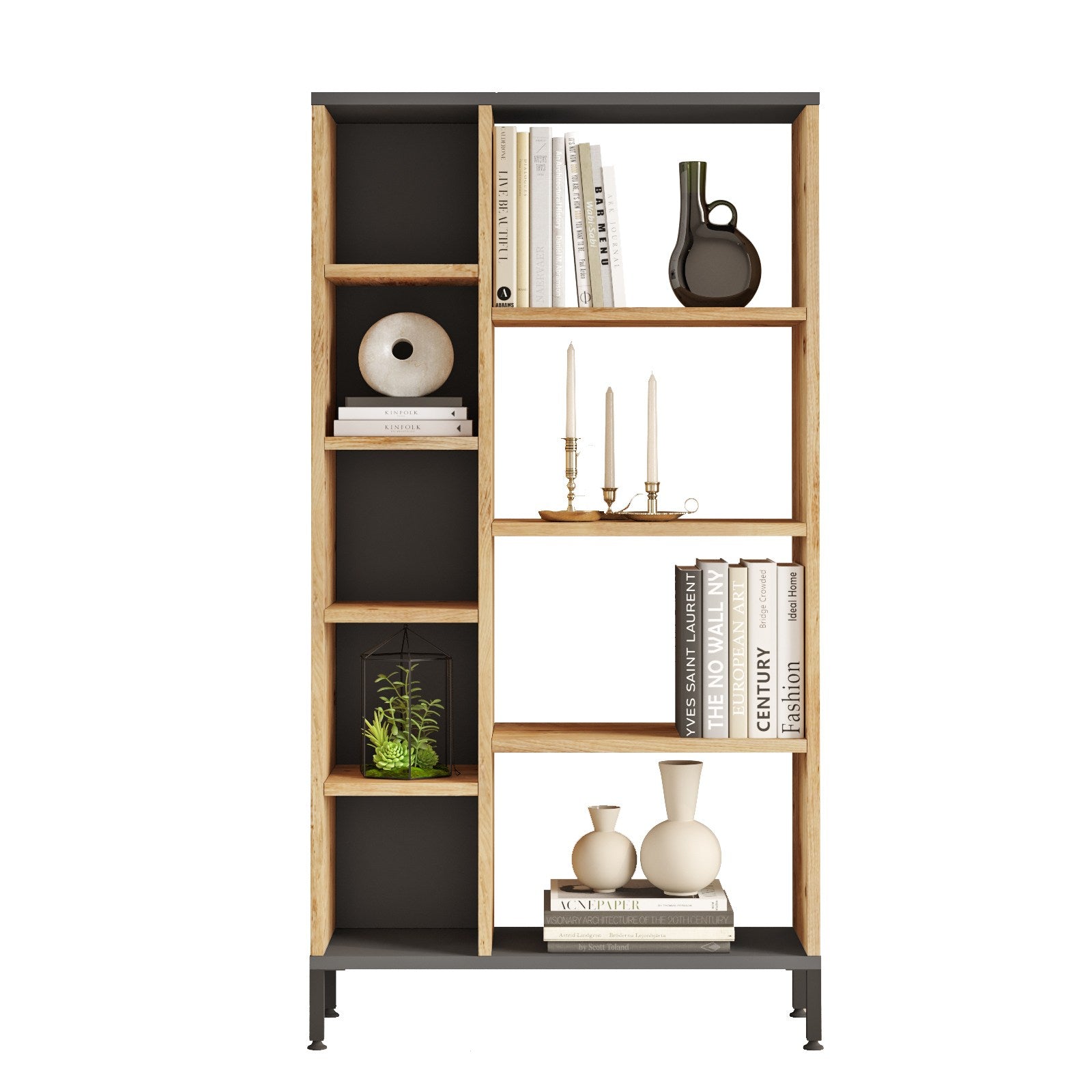 Estante elegante em pinho atlântico e antracite, 72 cm L x 133,6 cm A x 25,5 cm P | Painel de partículas 100% revestido em melamina, 18 mm de espessura | Solução de armazenamento moderna