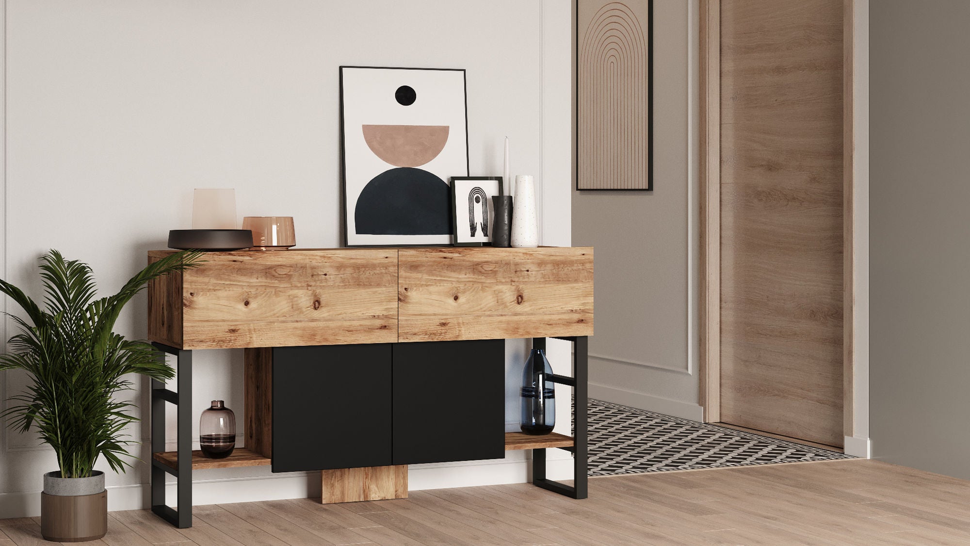 Consola de Entrada - Mesa para Corredor Moderna, Pinho Atlântico, 138,8 x 83,6 x 43,3 cm | Painel de Partículas 100% Revestido com Melamina, 18 mm de Espessura, Estrutura de Metal Resistente | Design Industrial Elegante para Casa e Escritório