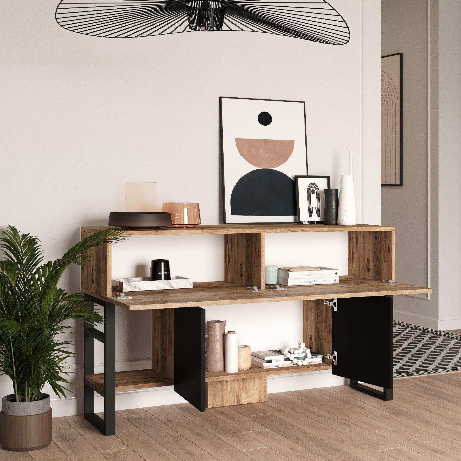 Consola de Entrada - Mesa para Corredor Moderna, Pinho Atlântico, 138,8 x 83,6 x 43,3 cm | Painel de Partículas 100% Revestido com Melamina, 18 mm de Espessura, Estrutura de Metal Resistente | Design Industrial Elegante para Casa e Escritório