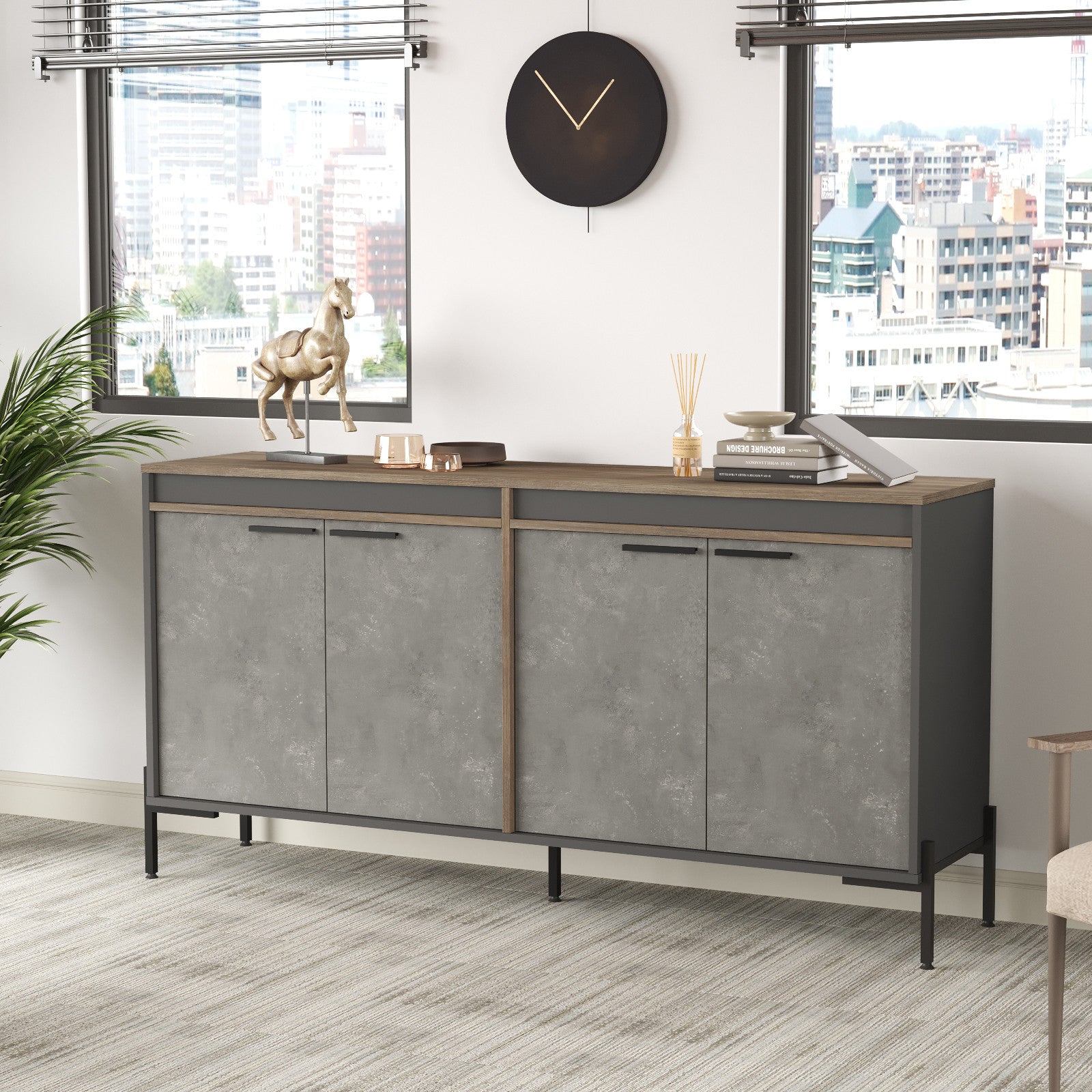 Armário moderno multiuso, 184 cm, marrom/cinza/antracite | Painel de partículas 100% revestido em melamina, 18 mm de espessura, estrutura metálica resistente | Design industrial elegante