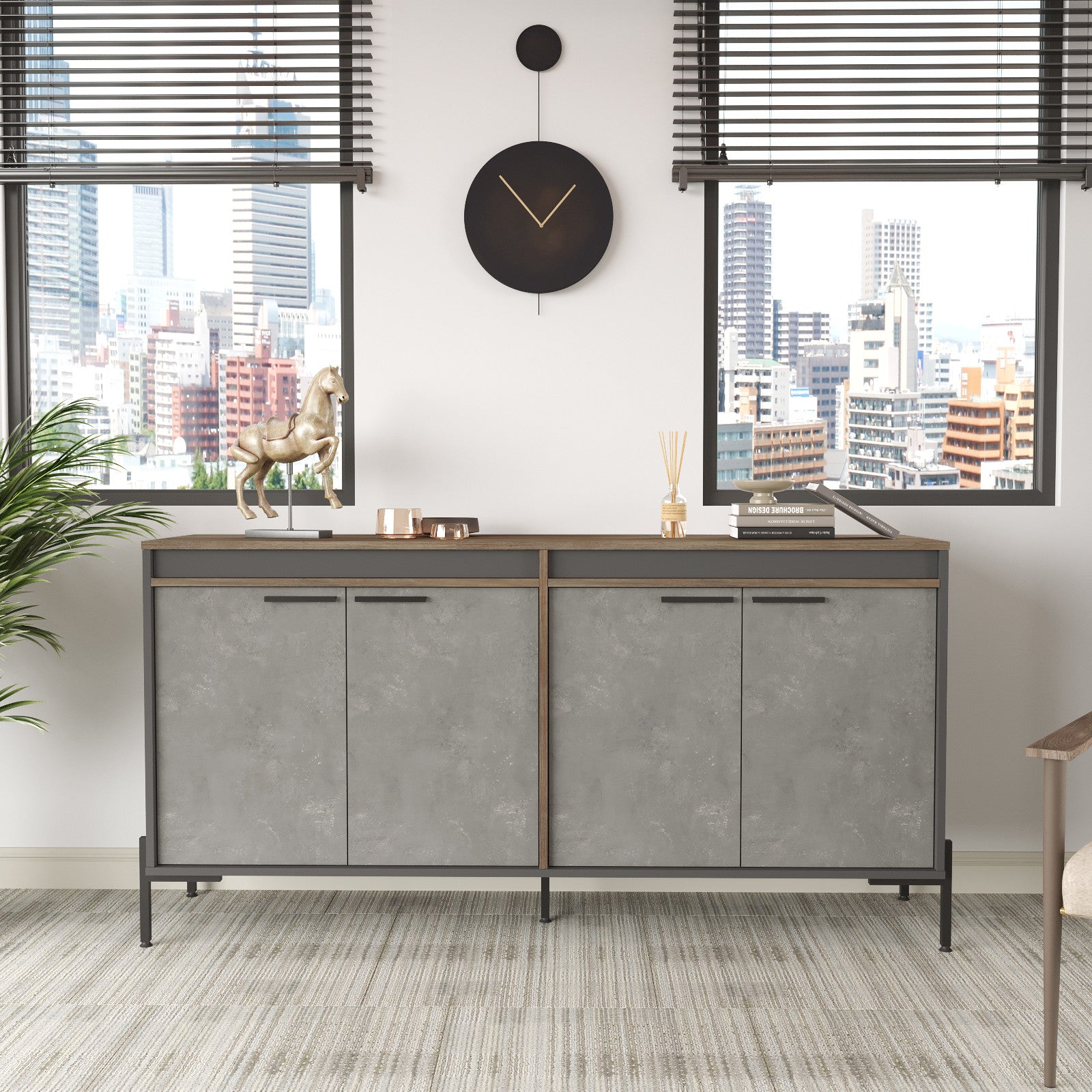 Armário moderno multiuso, 184 cm, marrom/cinza/antracite | Painel de partículas 100% revestido em melamina, 18 mm de espessura, estrutura metálica resistente | Design industrial elegante