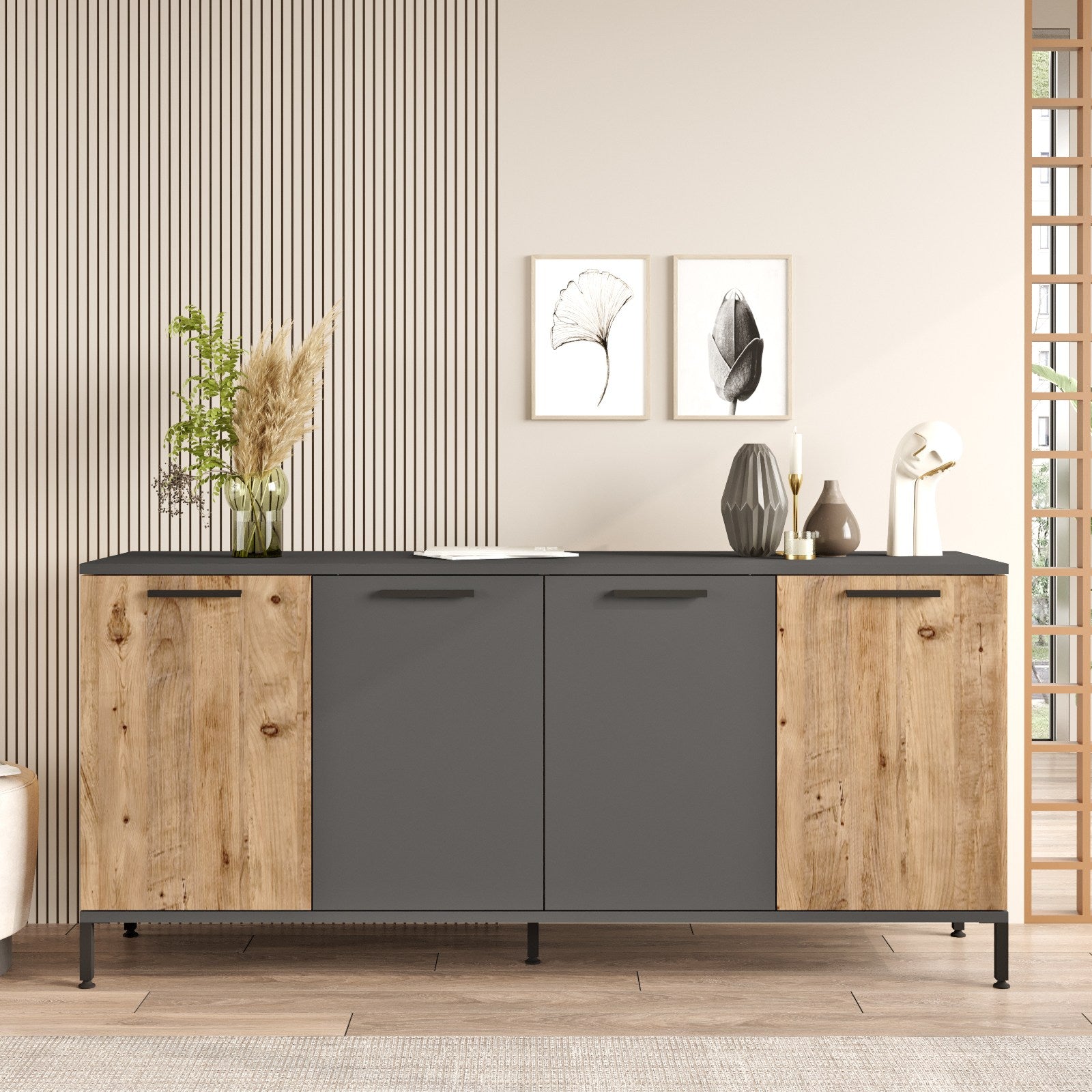 Aparador Elegante, Pinho Atlântico e Antracite, 160 x 71,8 x 40 cm | Painel de Partículas 100% Revestido com Melamina, 18 mm de Espessura | Perfeito para Espaços Modernos