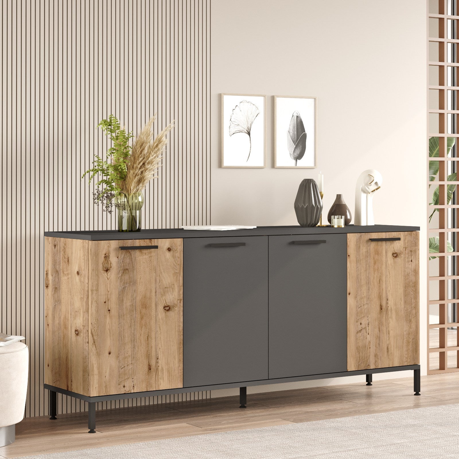 Aparador Elegante, Pinho Atlântico e Antracite, 160 x 71,8 x 40 cm | Painel de Partículas 100% Revestido com Melamina, 18 mm de Espessura | Perfeito para Espaços Modernos