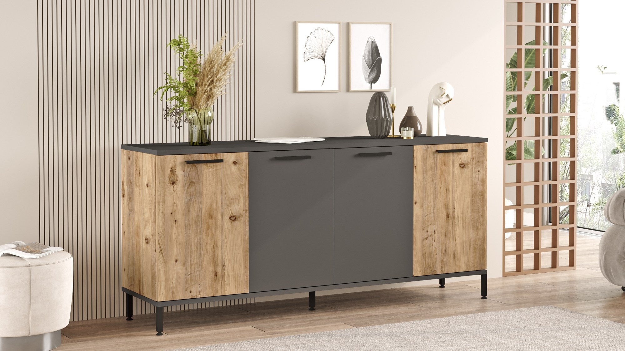 Aparador Elegante, Pinho Atlântico e Antracite, 160 x 71,8 x 40 cm | Painel de Partículas 100% Revestido com Melamina, 18 mm de Espessura | Perfeito para Espaços Modernos