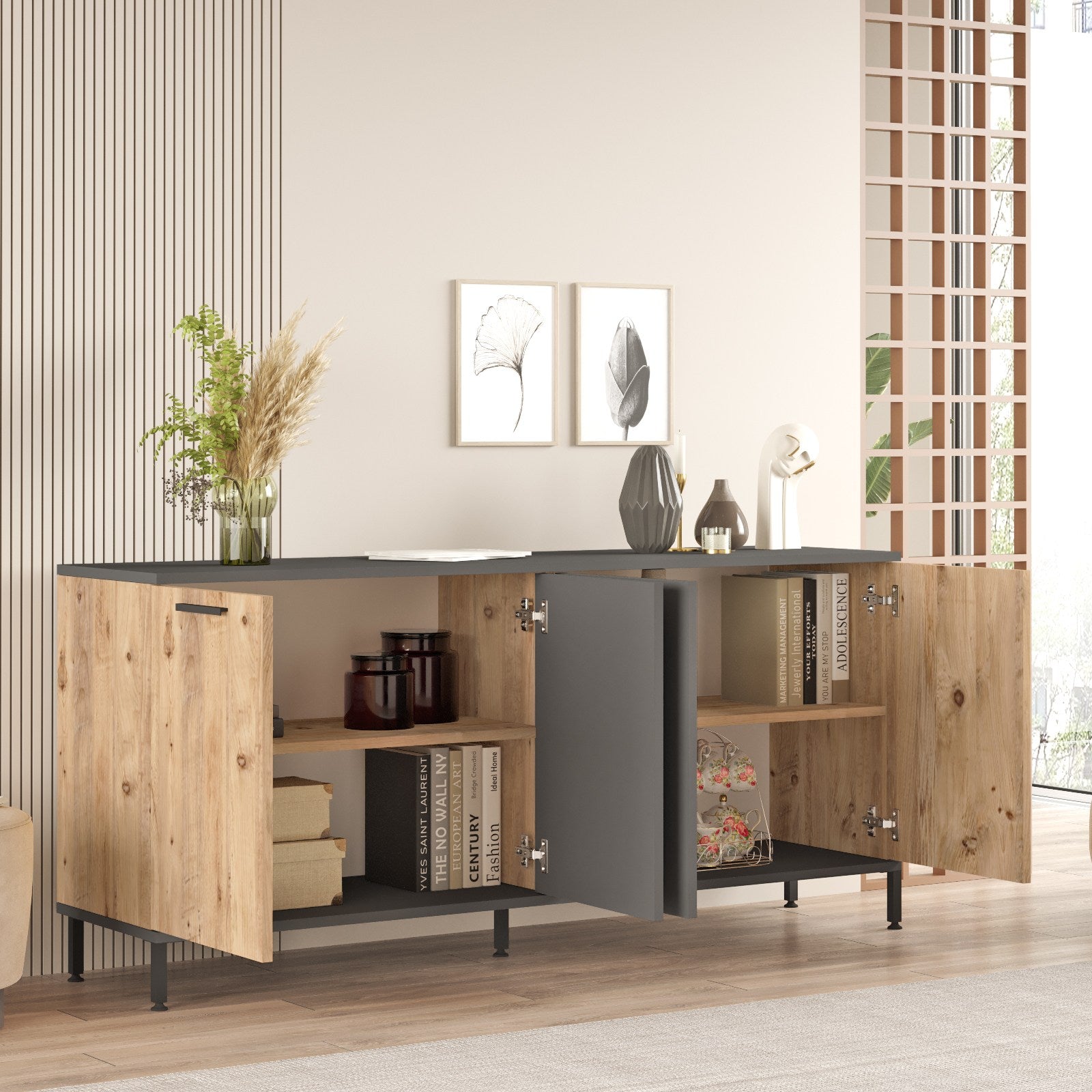 Aparador Elegante, Pinho Atlântico e Antracite, 160 x 71,8 x 40 cm | Painel de Partículas 100% Revestido com Melamina, 18 mm de Espessura | Perfeito para Espaços Modernos
