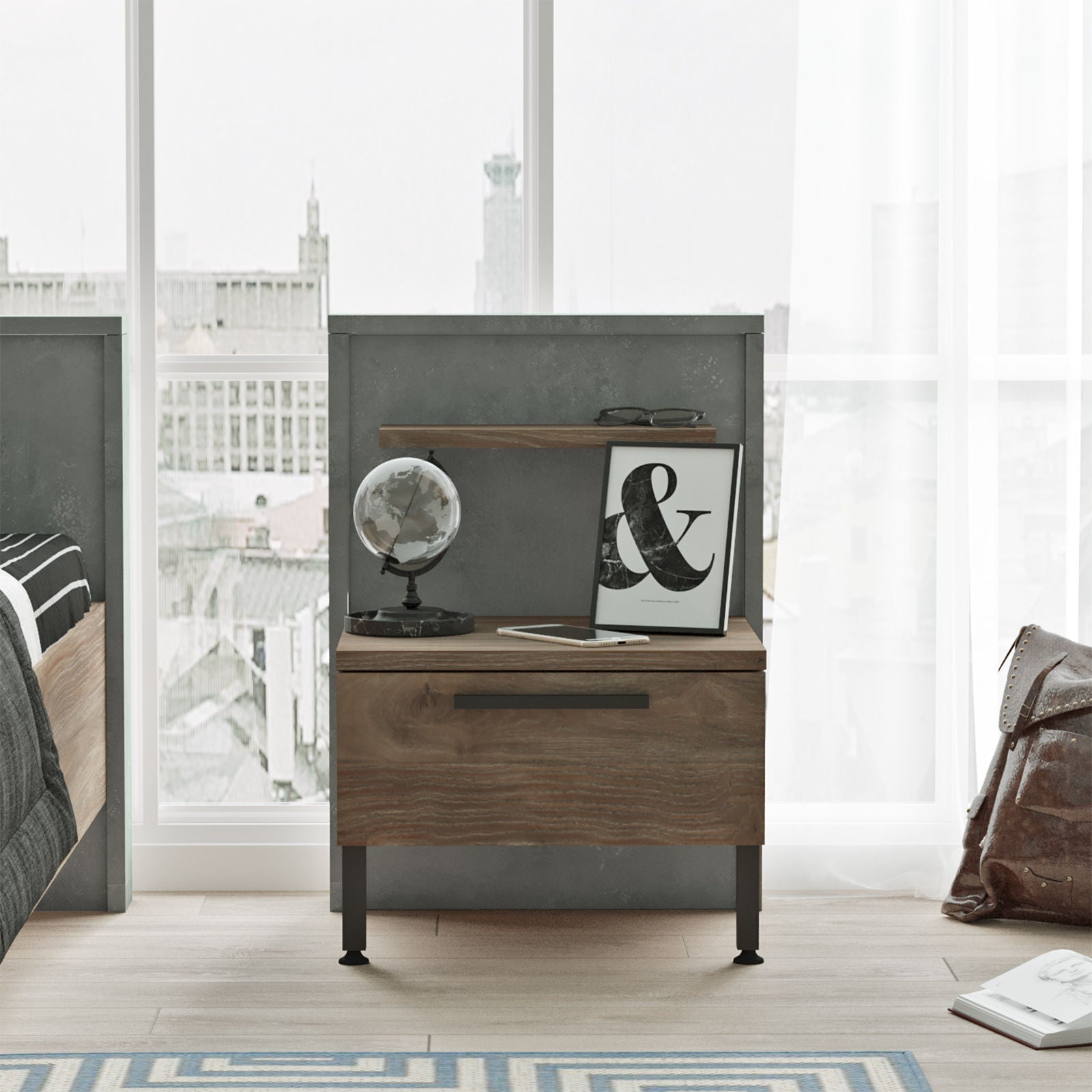 Mesa de Cabeceira Moderna com Pernas Metálicas - Castanho/Cinzento 43,6x58,8cm