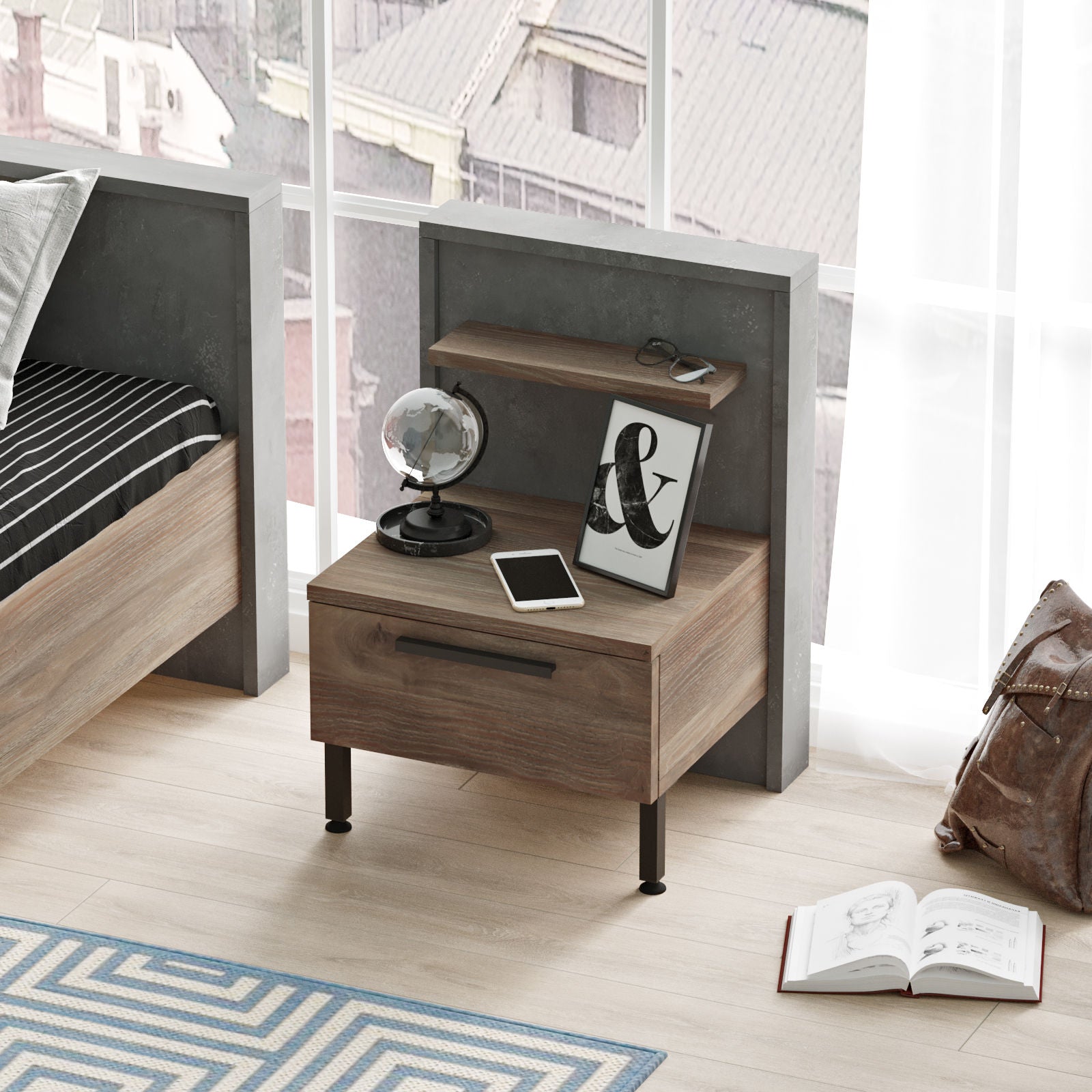 Mesa de Cabeceira Moderna com Pernas Metálicas - Castanho/Cinzento 43,6x58,8cm