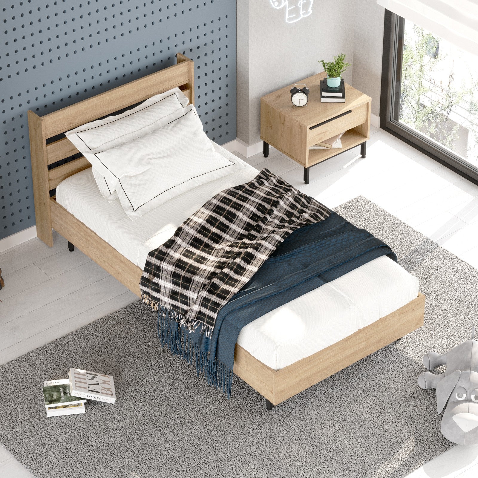Conjunto de quarto jovem – Cama de solteiro e mesa de cabeceira – Carvalho – Painéis de partículas