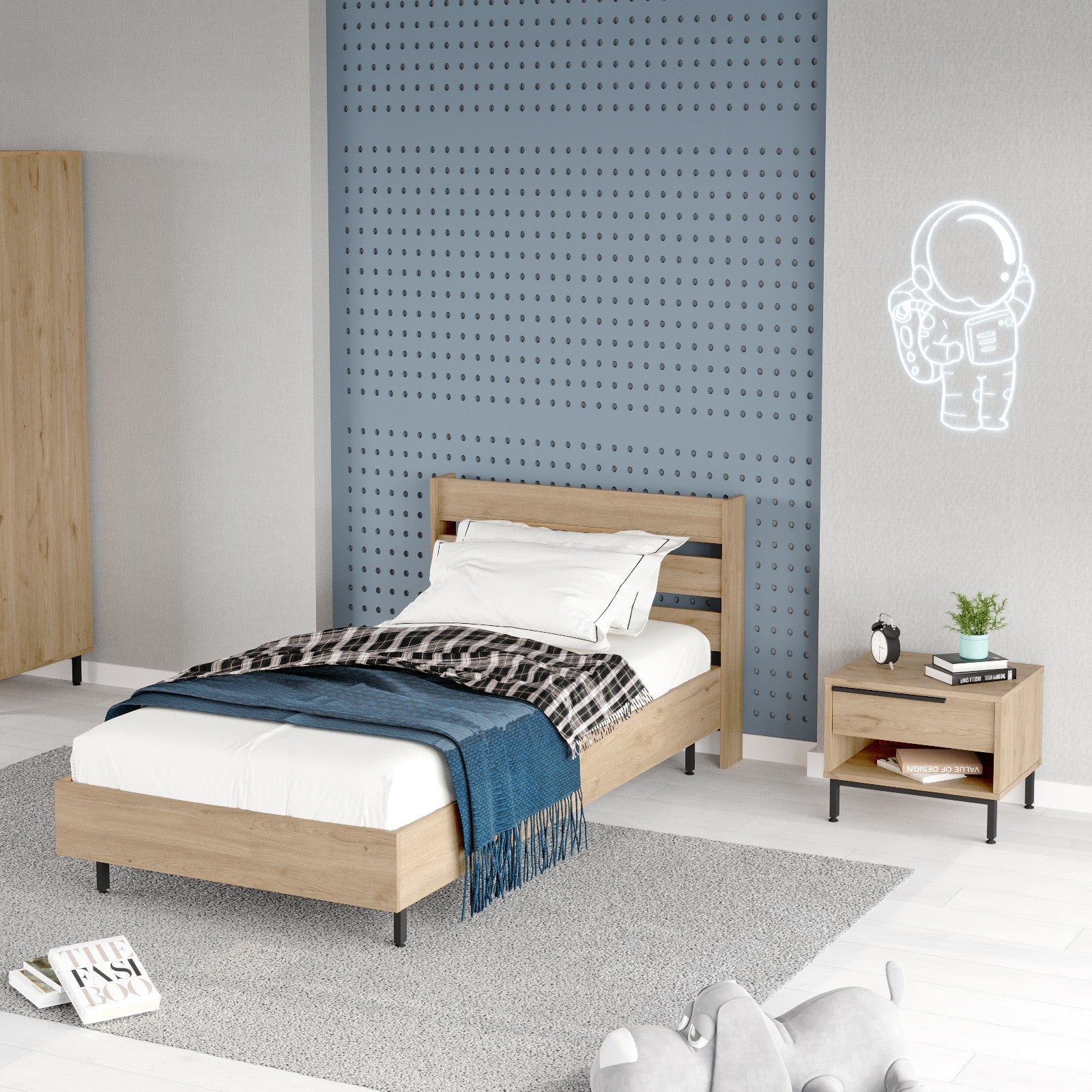 Conjunto de quarto jovem – Cama de solteiro e mesa de cabeceira – Carvalho – Painéis de partículas