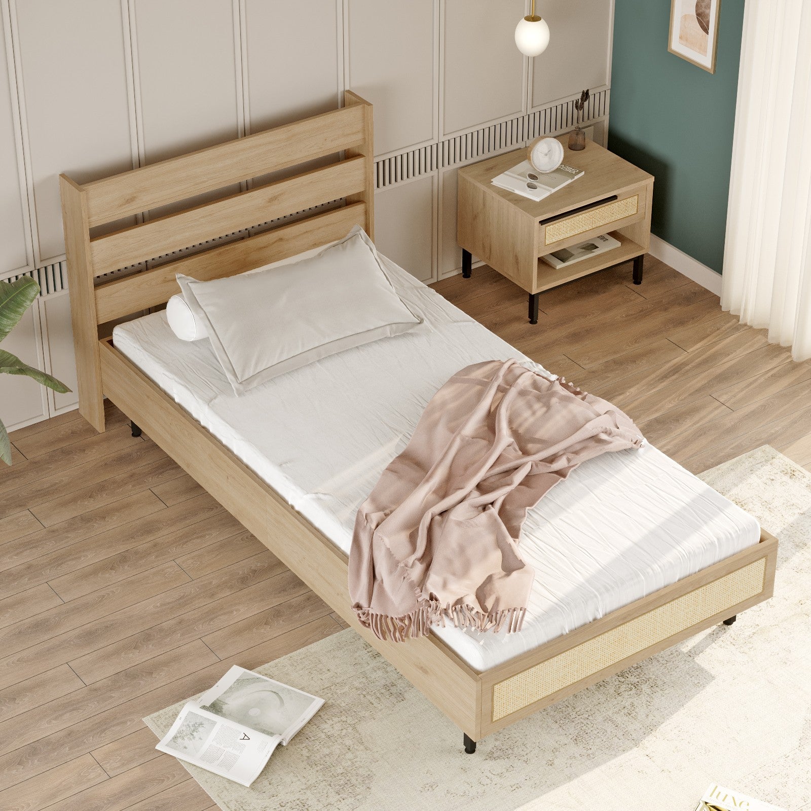 Conjunto de Quarto para Jovens – Cama de Solteiro 205,6x86x108,5 cm, Mesa de Cabeceira 53,6x42,4x44,5 cm – Cor Carvalho – Painéis de Partículas Revestidos a Melamina