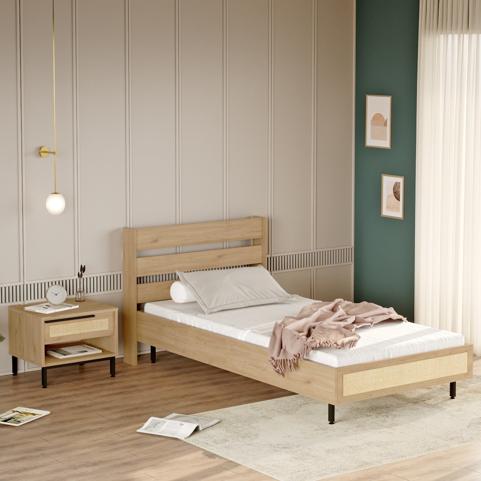 Conjunto de Quarto para Jovens – Cama de Solteiro 205,6x86x108,5 cm, Mesa de Cabeceira 53,6x42,4x44,5 cm – Cor Carvalho – Painéis de Partículas Revestidos a Melamina
