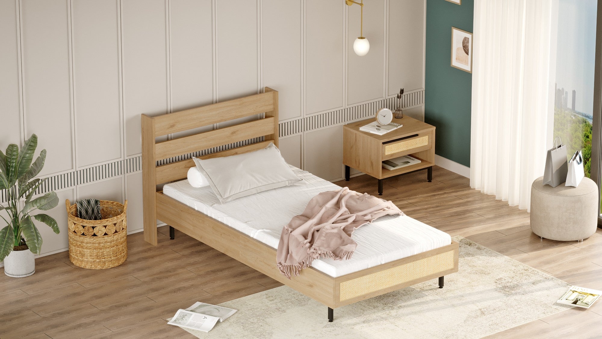 Conjunto de Quarto para Jovens – Cama de Solteiro 205,6x86x108,5 cm, Mesa de Cabeceira 53,6x42,4x44,5 cm – Cor Carvalho – Painéis de Partículas Revestidos a Melamina