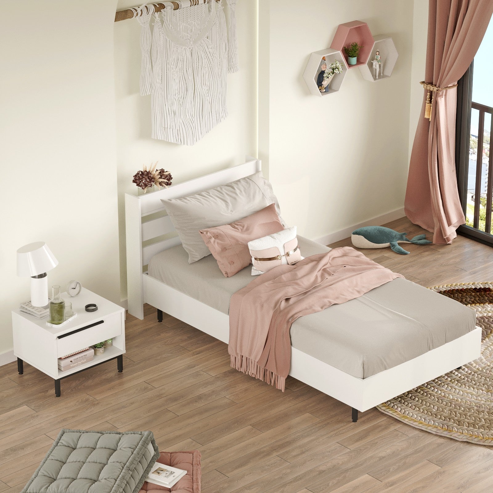 Conjunto de quarto jovem – Cama de solteiro 205.6cm x 86cm x 108.5cm, Mesa de cabeceira 53.6cm x 42.4cm x 44.5cm – Branco – Painel de partículas revestido a melamina