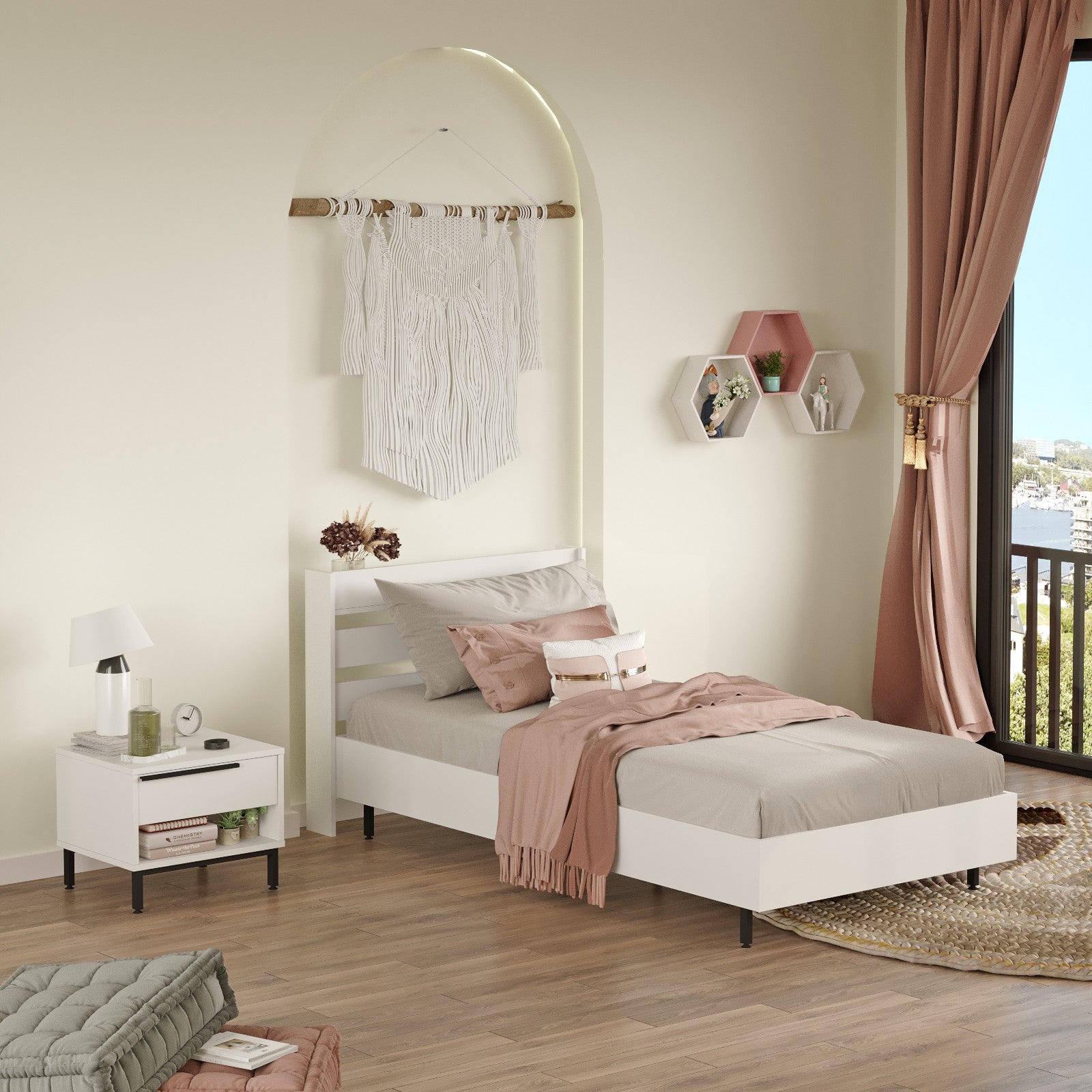 Conjunto de quarto jovem – Cama de solteiro 205.6cm x 86cm x 108.5cm, Mesa de cabeceira 53.6cm x 42.4cm x 44.5cm – Branco – Painel de partículas revestido a melamina