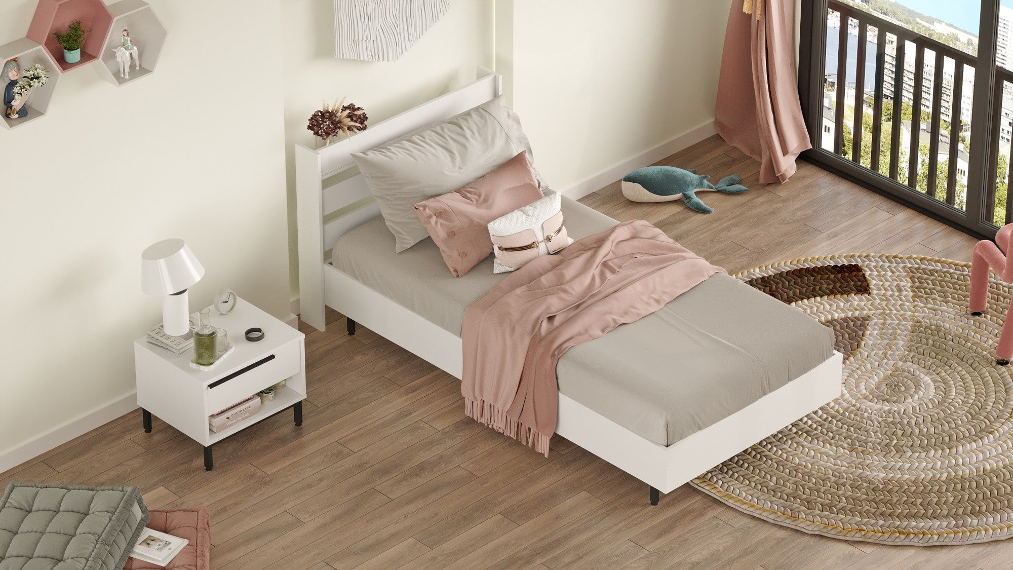 Conjunto de quarto jovem – Cama de solteiro 205.6cm x 86cm x 108.5cm, Mesa de cabeceira 53.6cm x 42.4cm x 44.5cm – Branco – Painel de partículas revestido a melamina