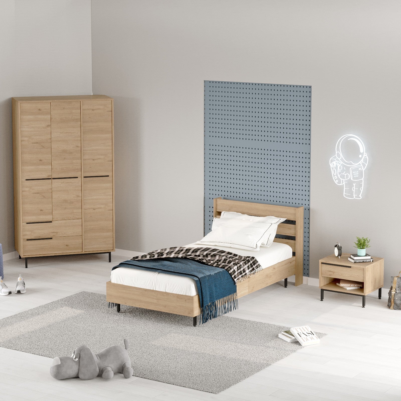 Conjunto de Quarto para Jovens – Cama de solteiro, mesa de cabeceira e roupeiro – Carvalho – Painéis de partículas revestidos a melamina
