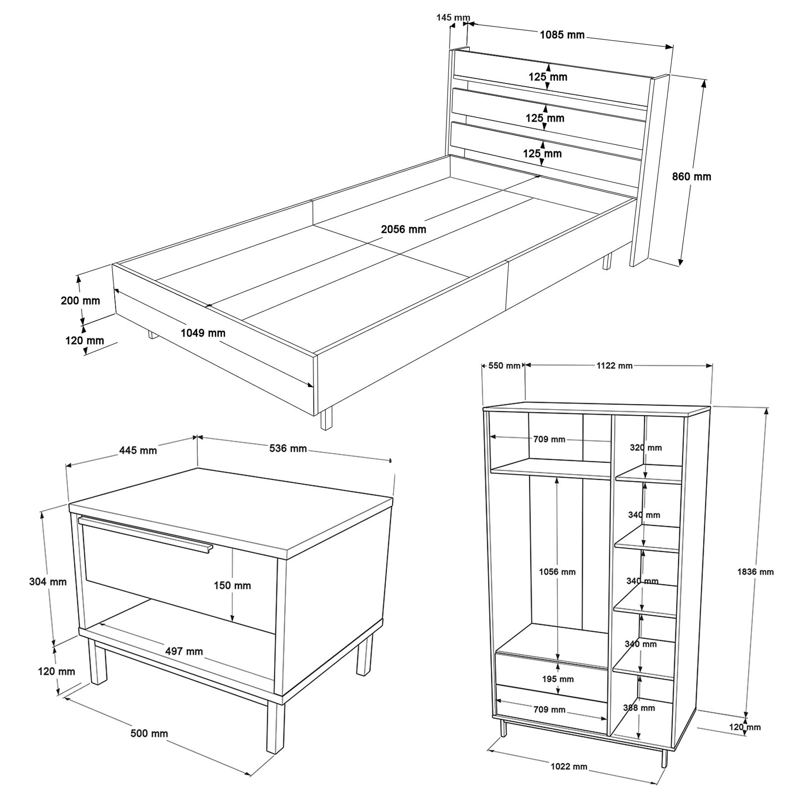 Conjunto de Quarto para Jovens – Cama de solteiro, mesa de cabeceira e roupeiro – Carvalho – Painéis de partículas revestidos a melamina