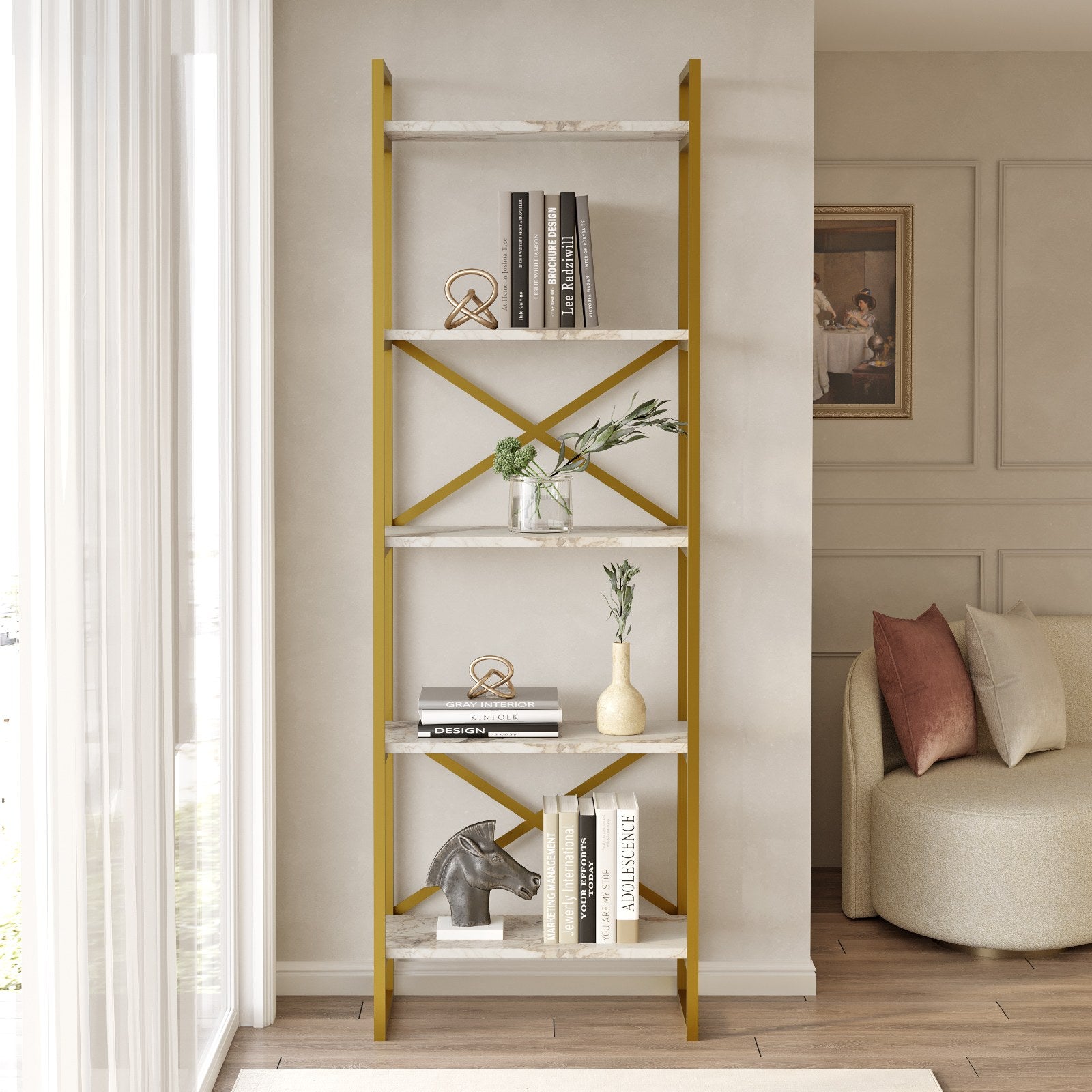 Estante de livros – 58 x 30 x 175 cm – Mármore e dourado – Aglomerado 100% revestido a melamina
